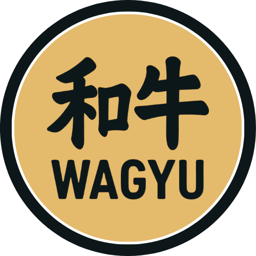 A round label with a beige background and a black border, featuring Japanese kanji characters and the English word "WAGYU" in black text.