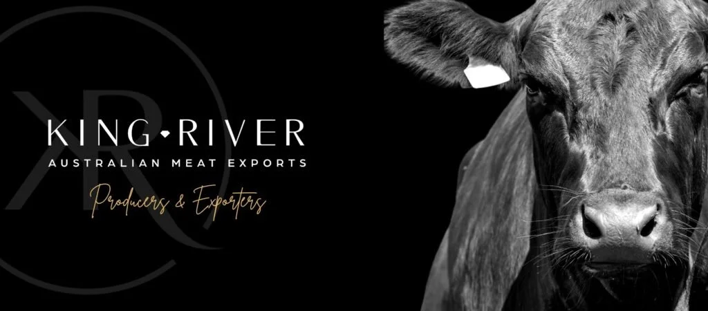 A black and white advertisement for King River Australian Meat Exports, featuring a close-up of a cow's face on the right side.