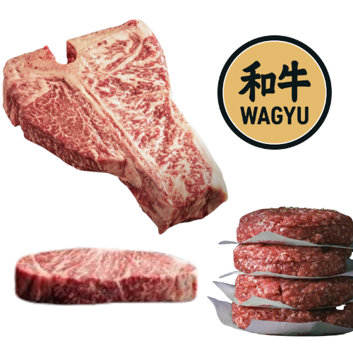 Slices of marbled Wagyu beef, and a burger patty with three stacked raw burger patties, next to a Wagyu label with Japanese characters and the word "WAGYU".