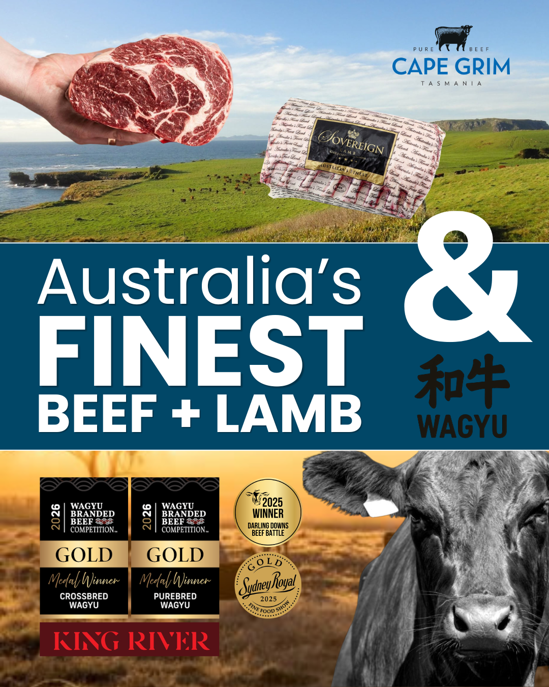 A digital collage featuring a hand holding a raw piece of beef, a package of King River Wagyu beef, a landscape of grassy hills and ocean in Tasmania, a cow's face, and various awards and labels indicating awards and quality of the beef. The text highlights Australia’s finest beef and lamb, Wagyu branding, and awards for the beef.