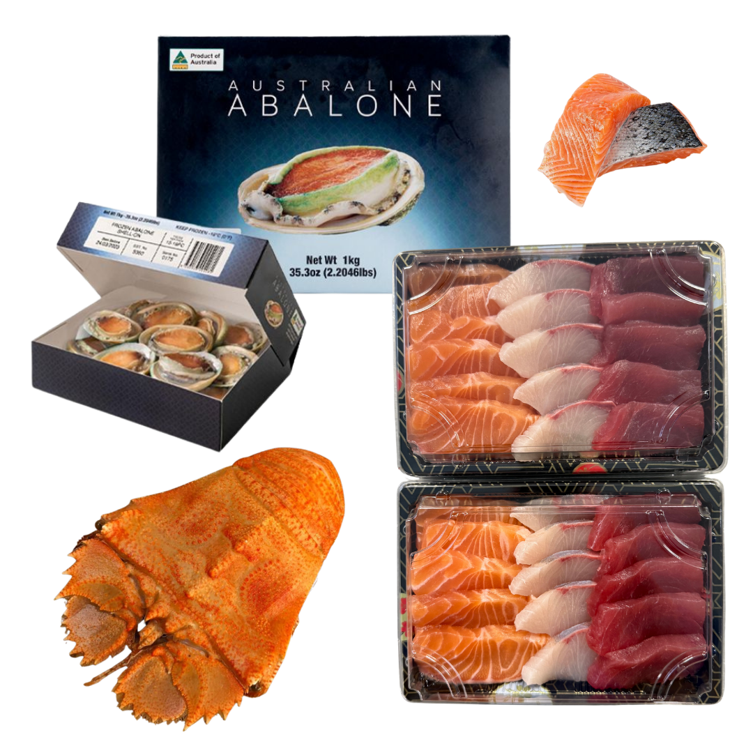 Selection of fresh seafood including salmon, tuna, kingfish, abalone, crab, moreton bay bugs and scallops, with packaging and labels visible.
