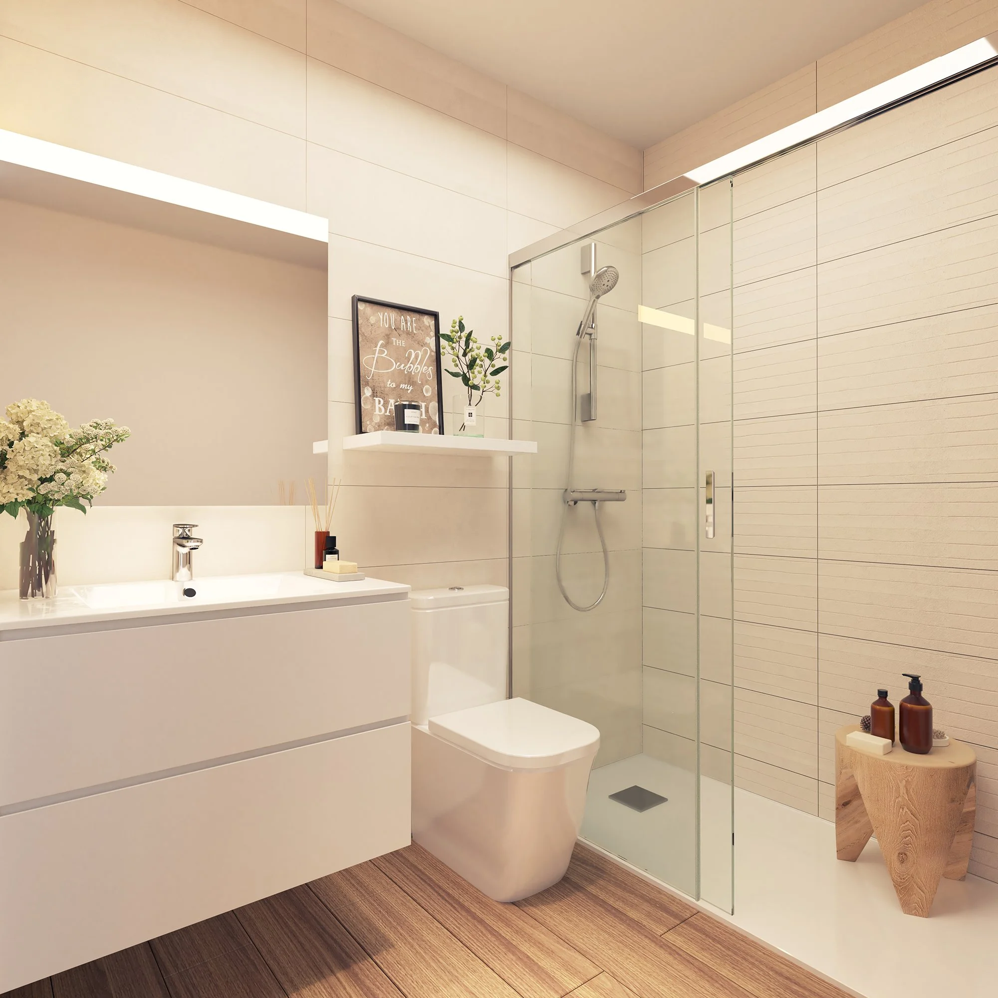 Modern bathroom with white vanity and sink, toilet, glass-enclosed shower with rain showerhead, decorative bottles on wooden stool, framed quote and green plant on floating shelf, flowers in vase on vanity, wood-look tile flooring.