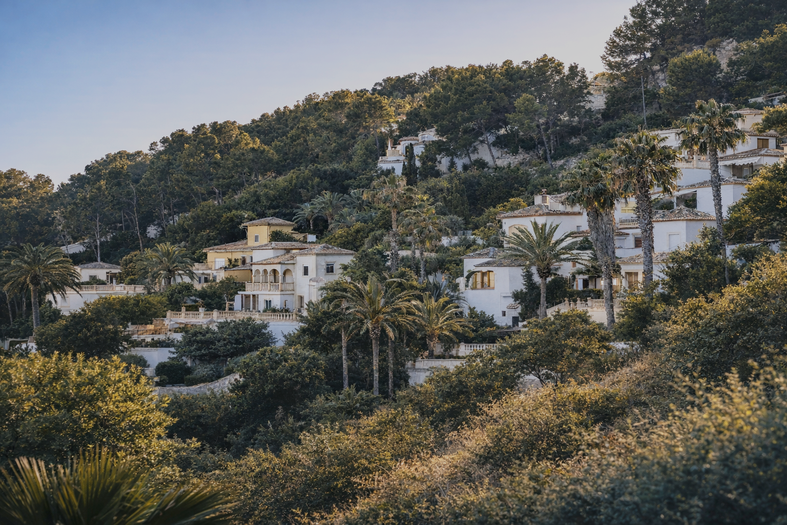 Houses with white walls and tiled roofs on a hillside surrounded by lush green trees and tall palm trees under a pale blue sky.