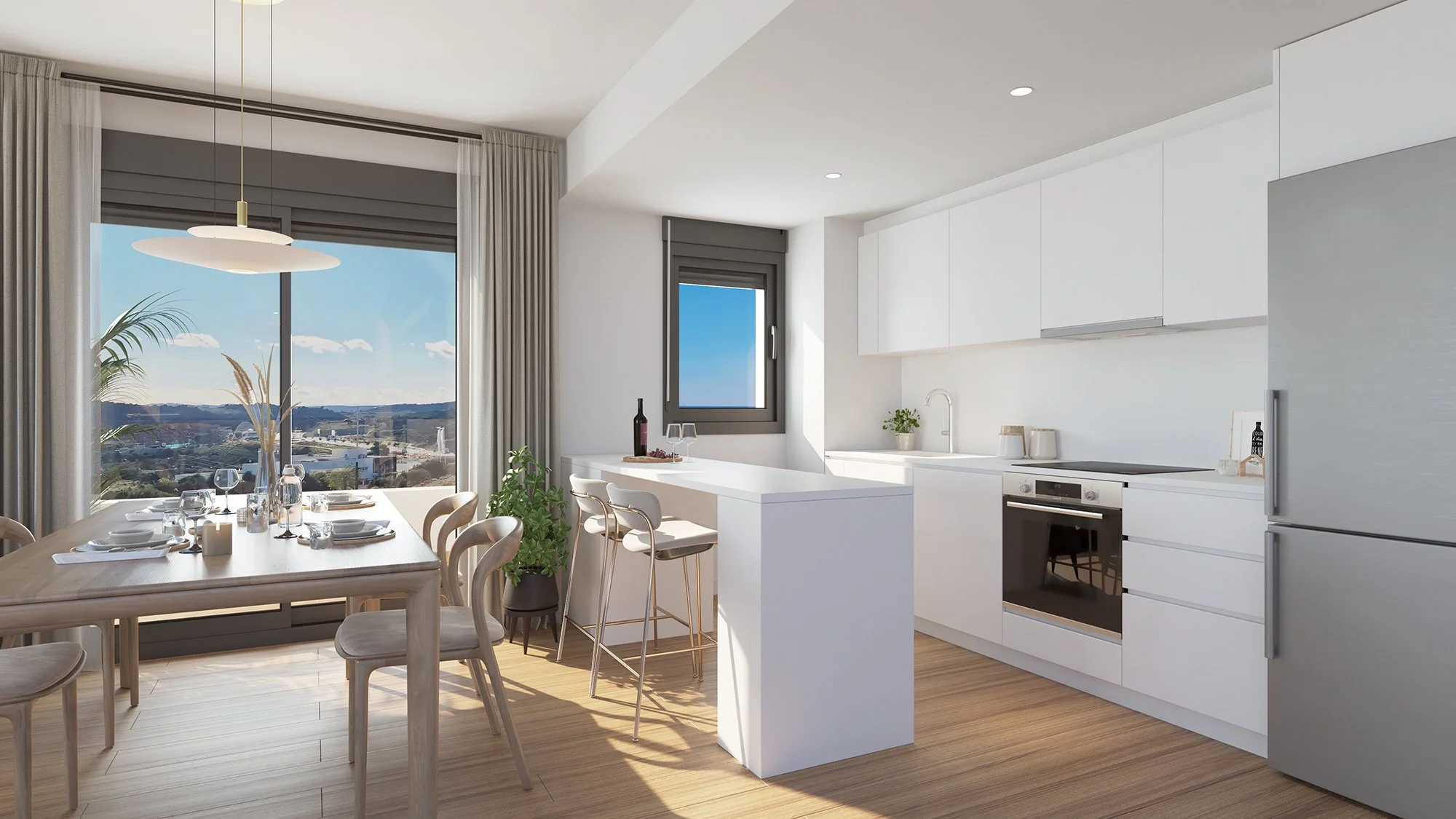 Modern kitchen and dining area with white cabinets, a wooden dining table, and large windows offering a city view.