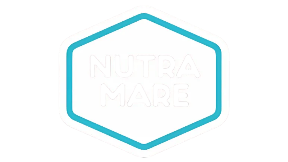 Nutramare logo in a hexagonal shape with a blue outline and the words 'Nutra Mare' inside.
