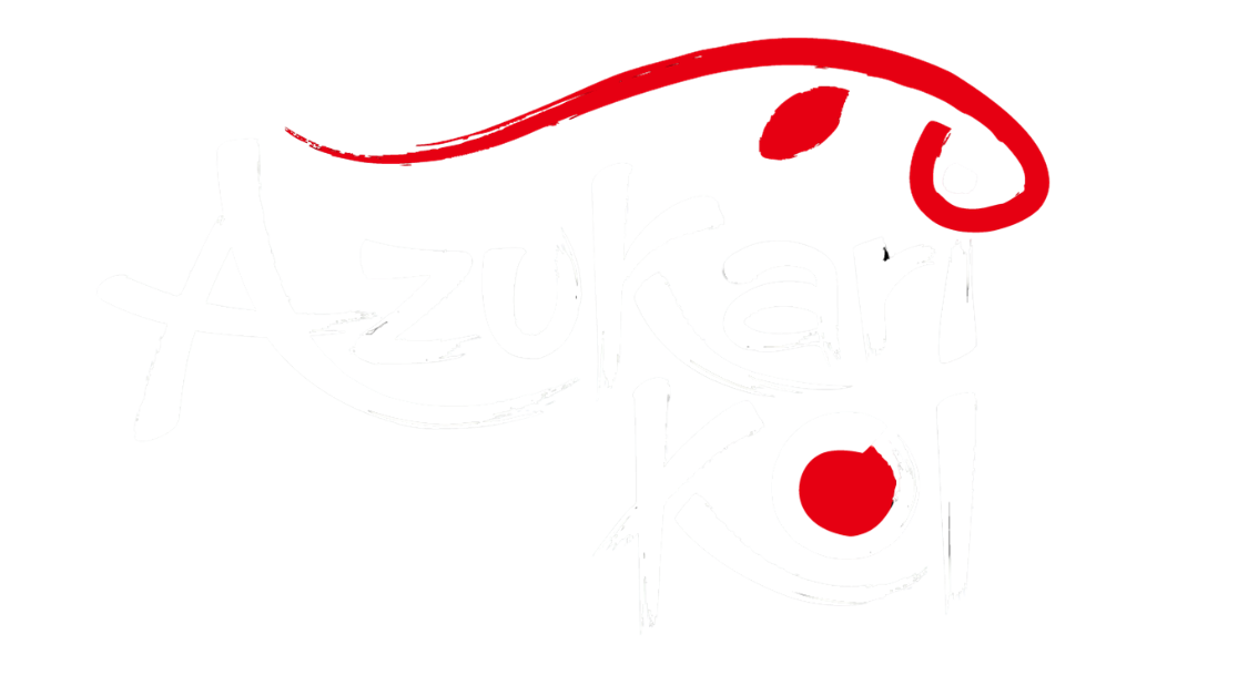 Stylized logo with the words "Azukari Koi" in white, with red accents and a red fish hook design above the text.