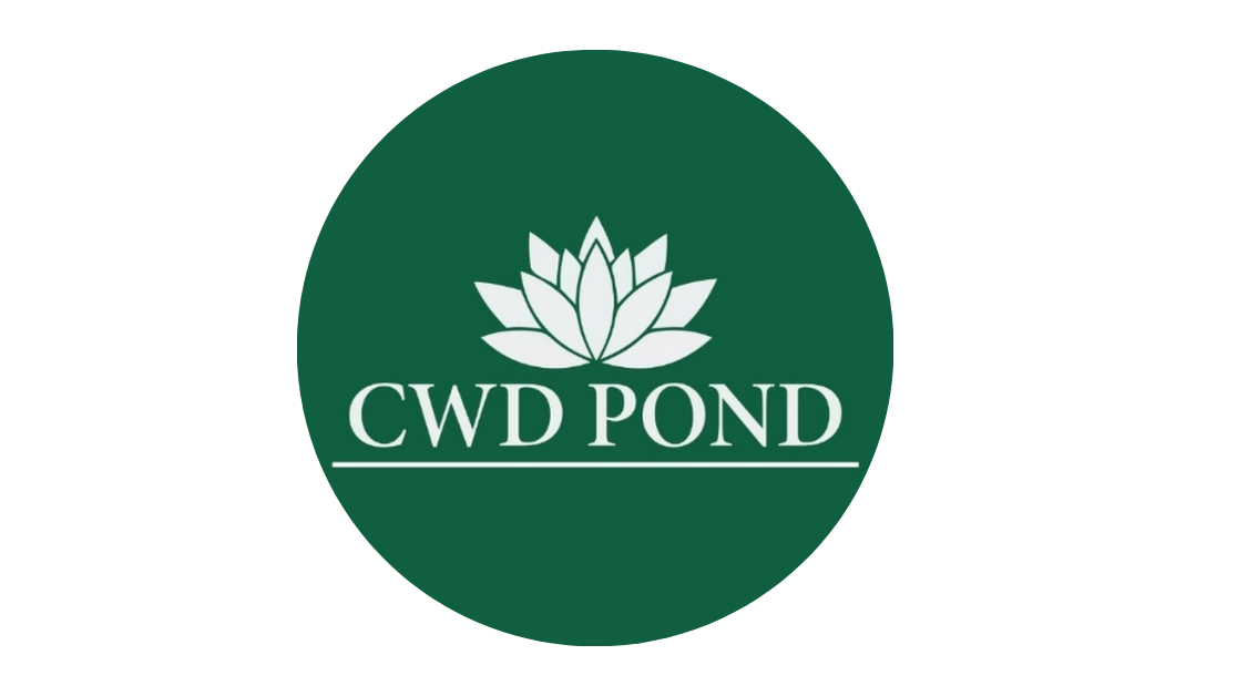 Green circular logo with a white lotus flower above the text "CWD POND" and a horizontal line beneath the text.