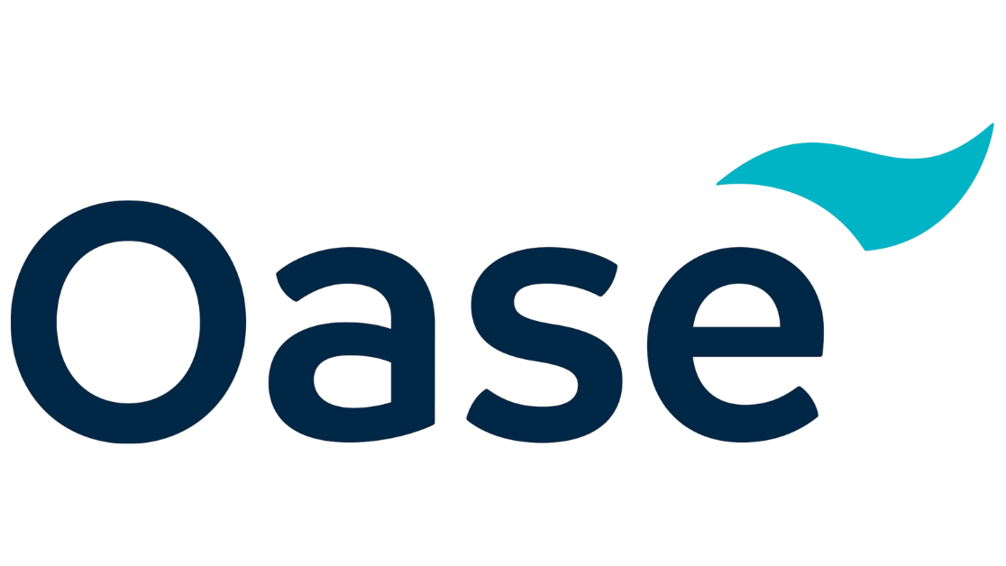 The word 'Oase' written in dark blue with a stylized blue leaf above the letter 'e'.