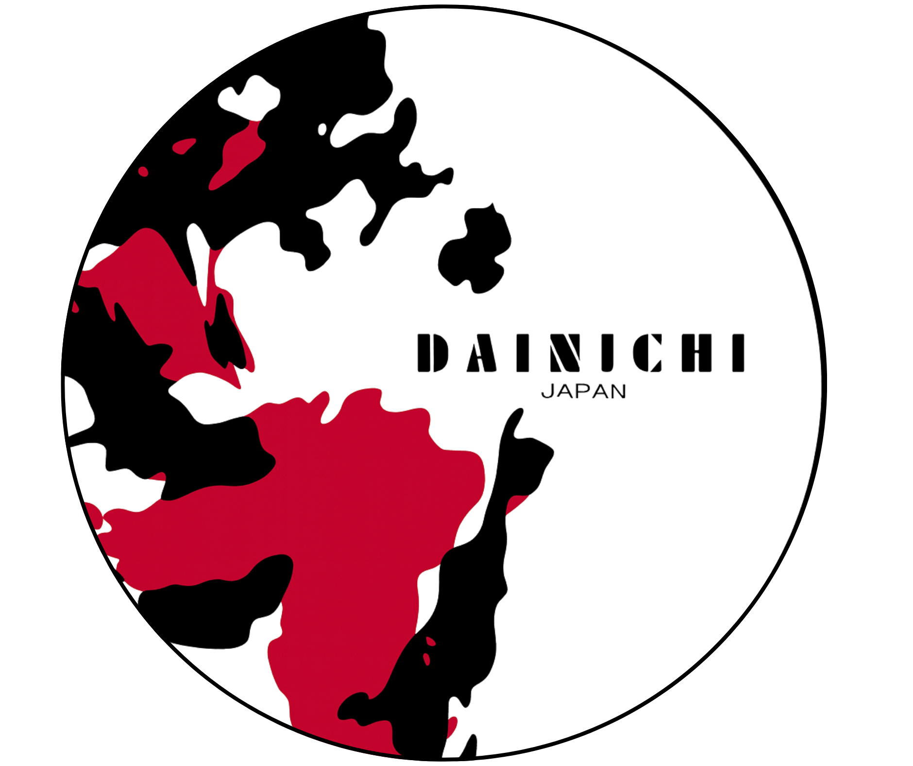 Digital illustration of a stylized globe with the text 'Dainchi Japan' on a white background, featuring black, red, white, green, and blue colors.