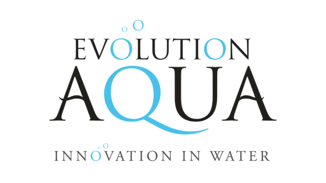 Logo for Evolution Aqua with blue water bubbles and the tagline 'Innovation in Water'.