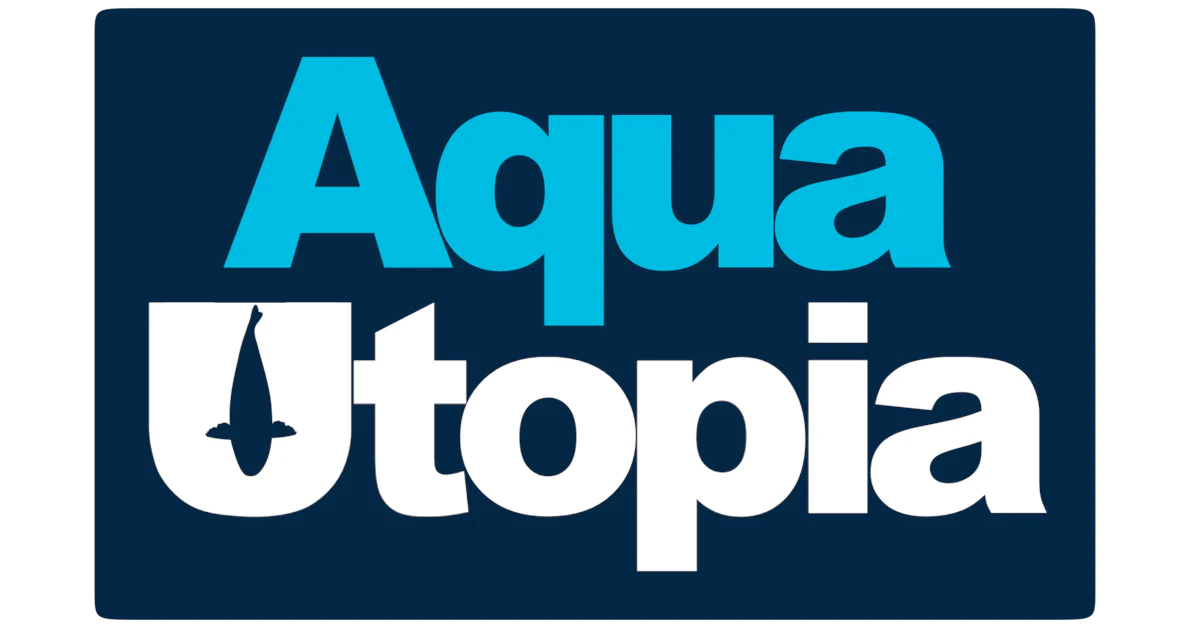 A logo for Aqua Utopia featuring the words 'Aqua Utopia' in blue and white text, with a stylized fish shape on the 'u' of 'Utopia'