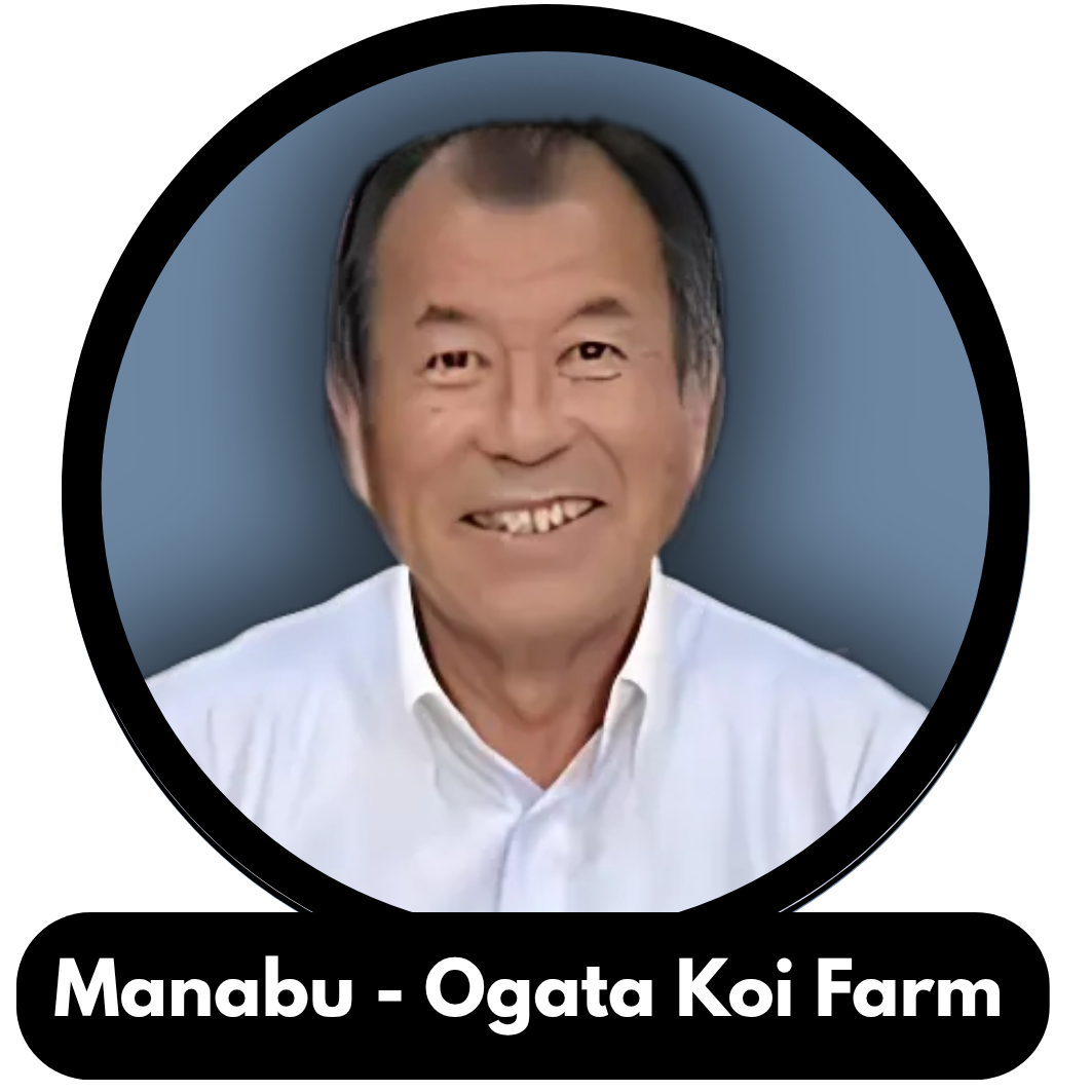 Portrait of a man with short dark hair and a broad smile, wearing a white collared shirt, with a blue background and the text 'Manabu - Ogata Koi Farm' underneath.