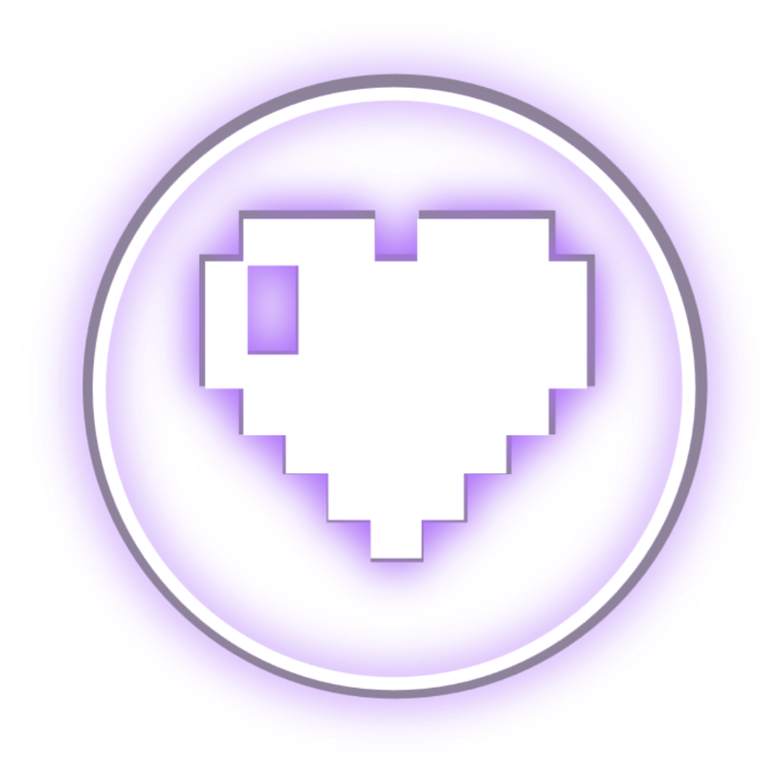 A digital neon-style purple heart-shaped design with a pixelated heart icon inside, surrounded by glowing circular borders.