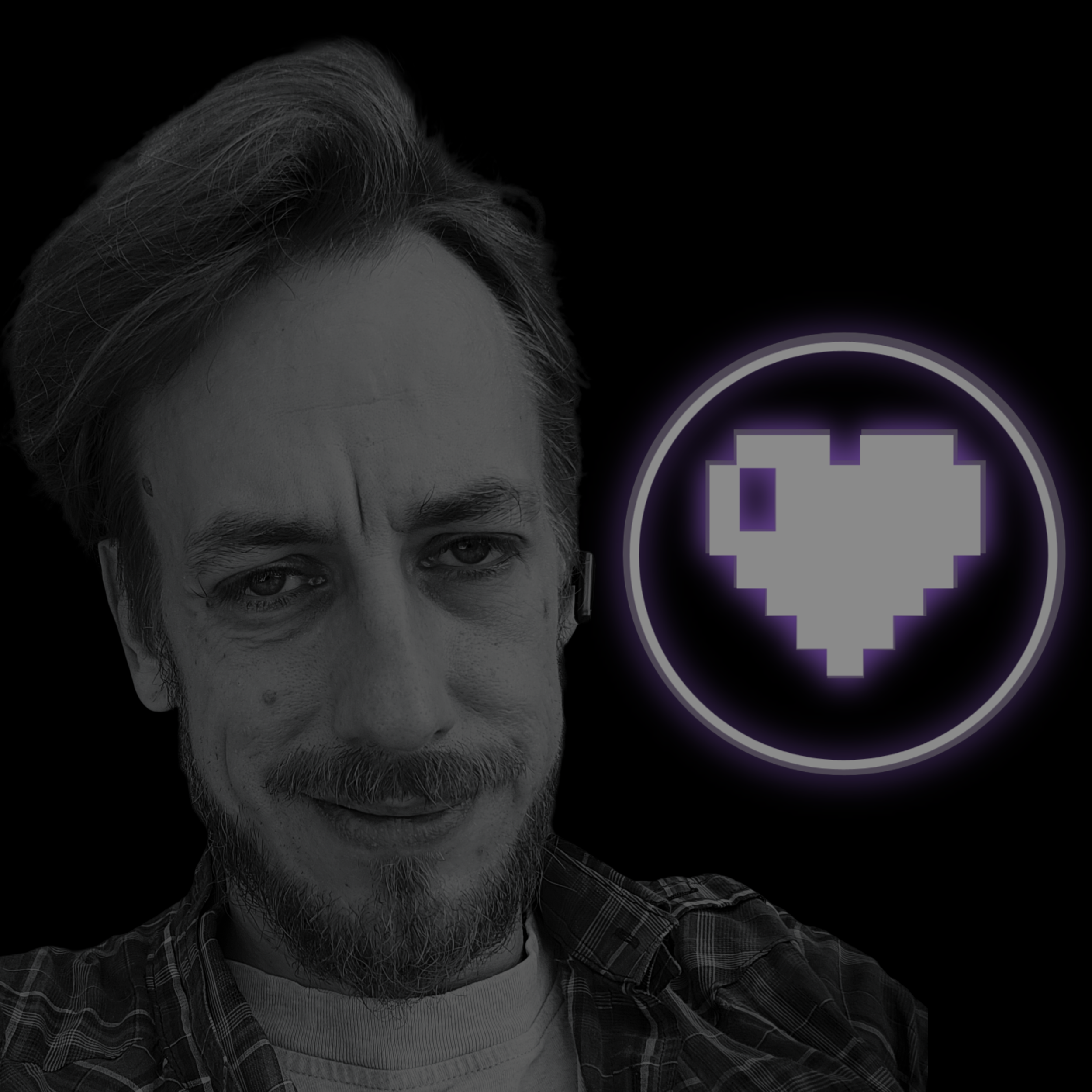 A man with a beard and mustache taking a selfie against a black background with a glowing neon pixelated heart inside a circle.