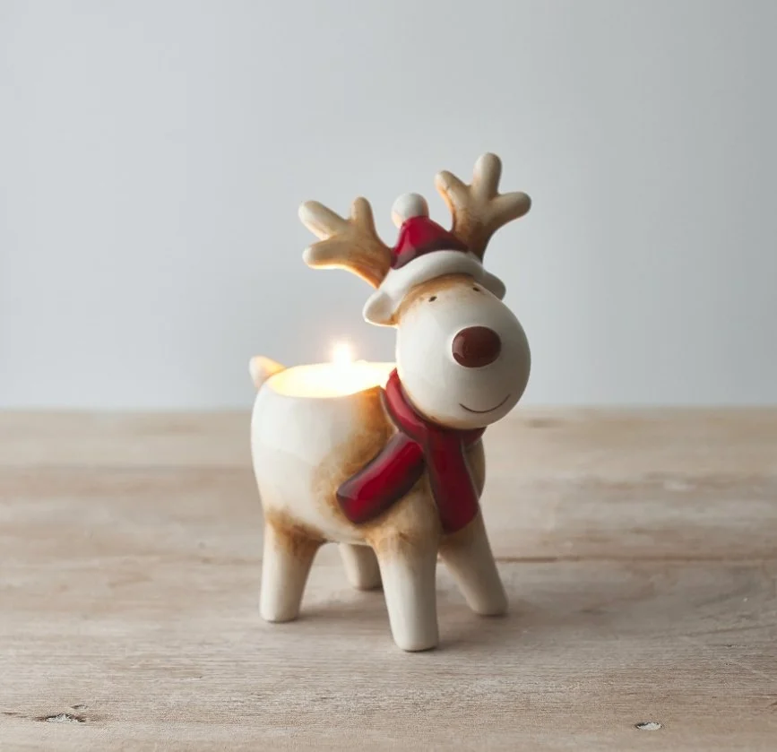 Red Ceramic Reindeer With Hat T-light Holder