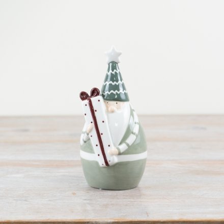 Green Santa Holding Present Ornament,