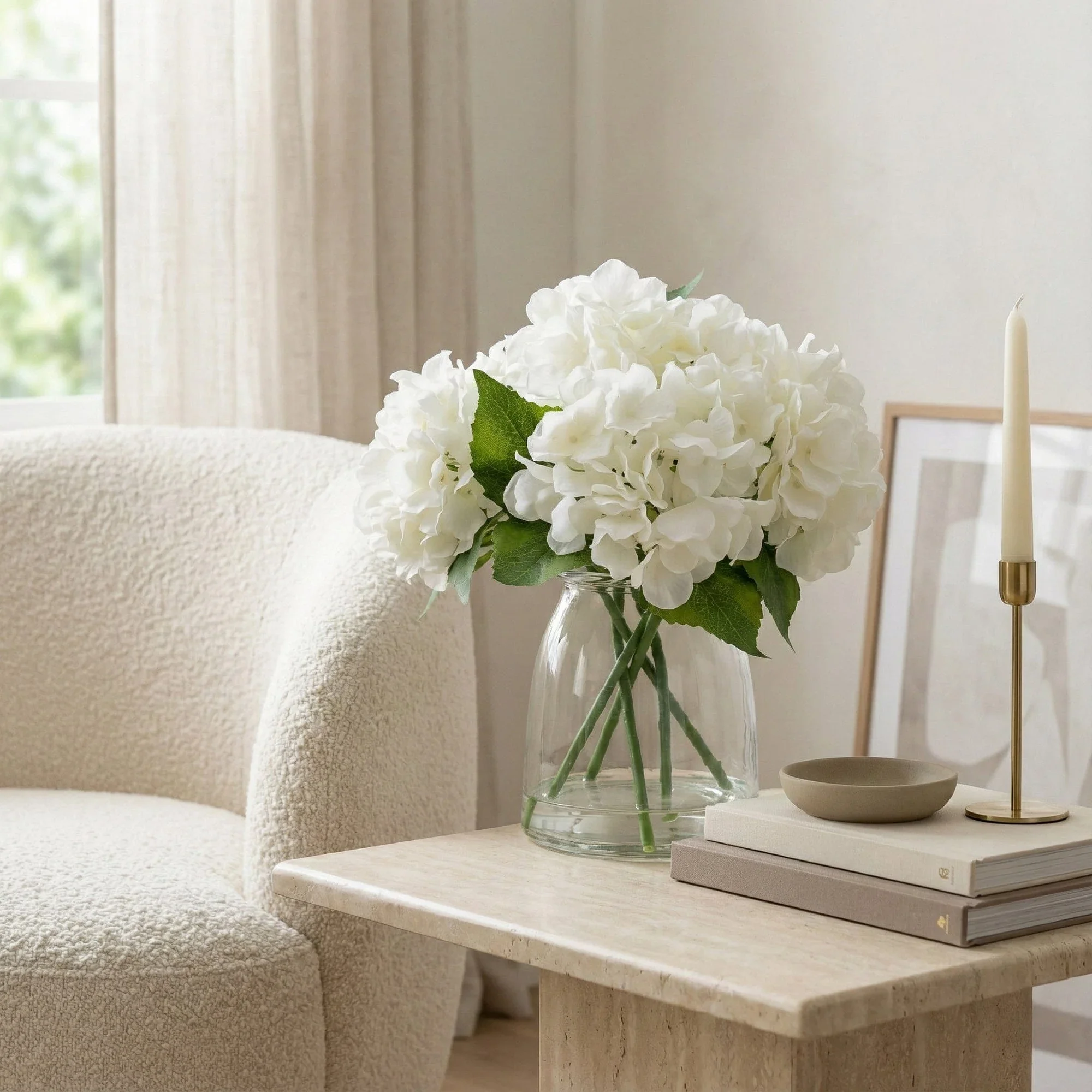 White Hydrangeas in Glass Vase