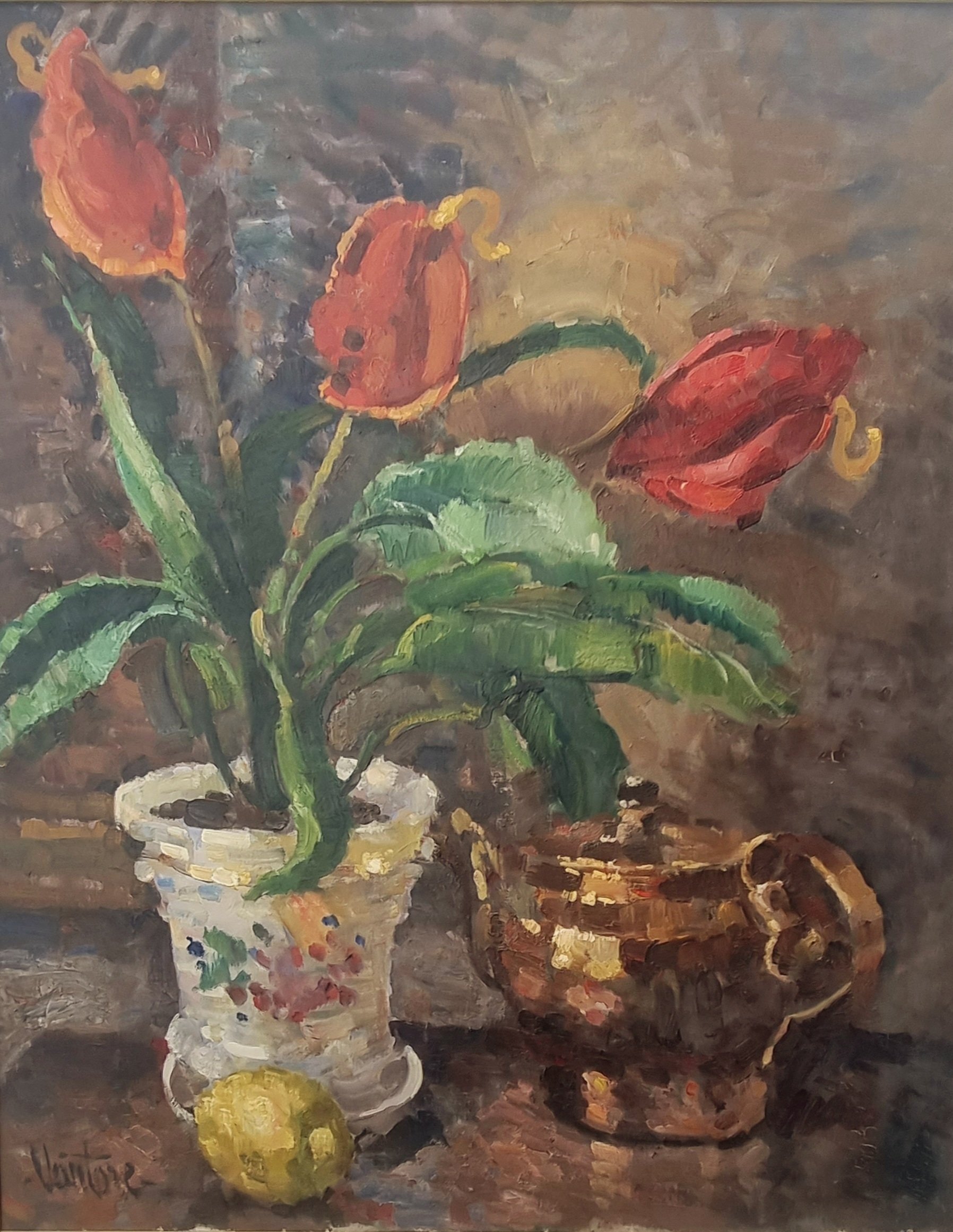 Vintage Art - Tulips and Copper Teapot