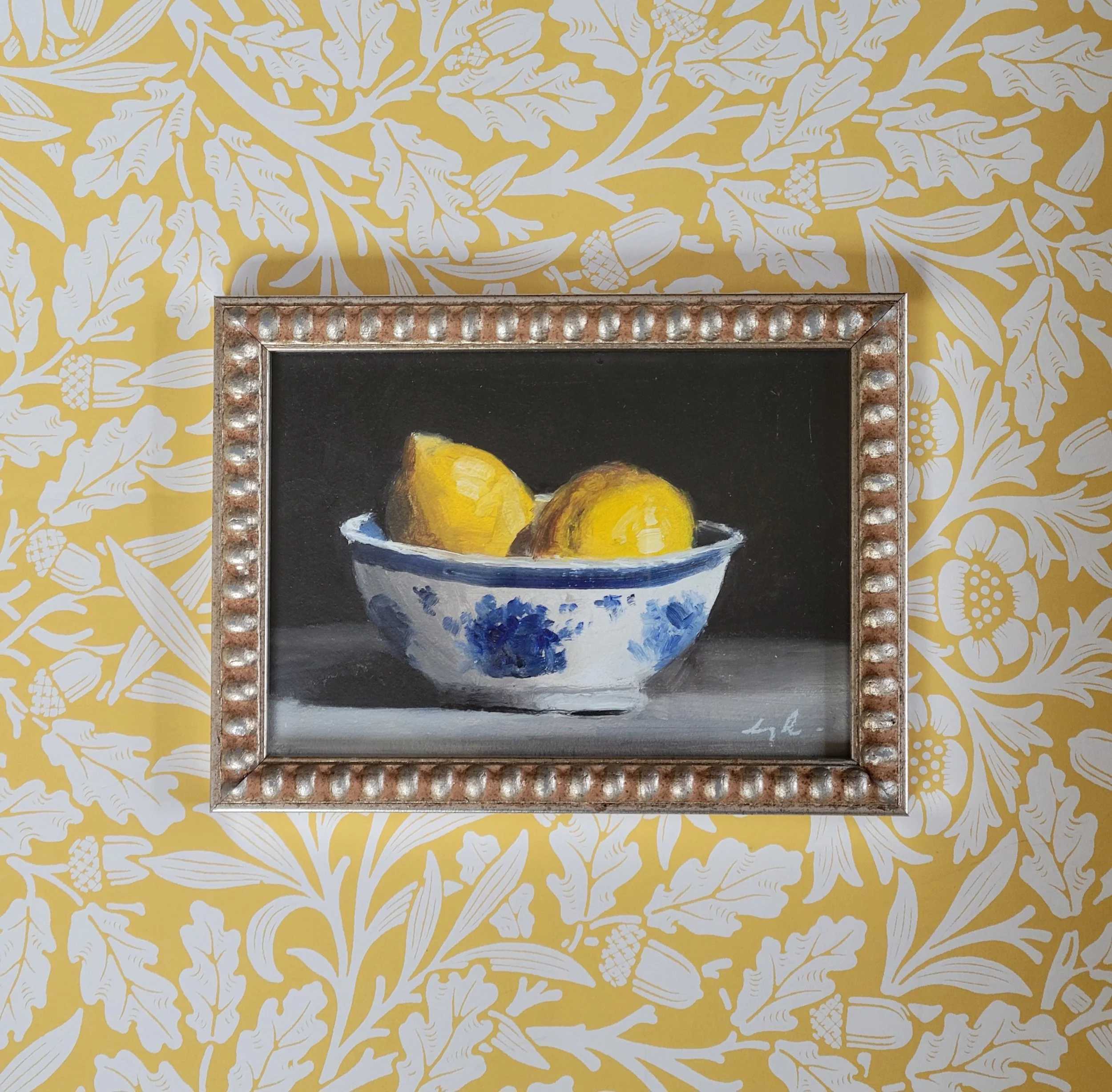 Lemons in Blue Bowl- Bobbin framed miniature oil