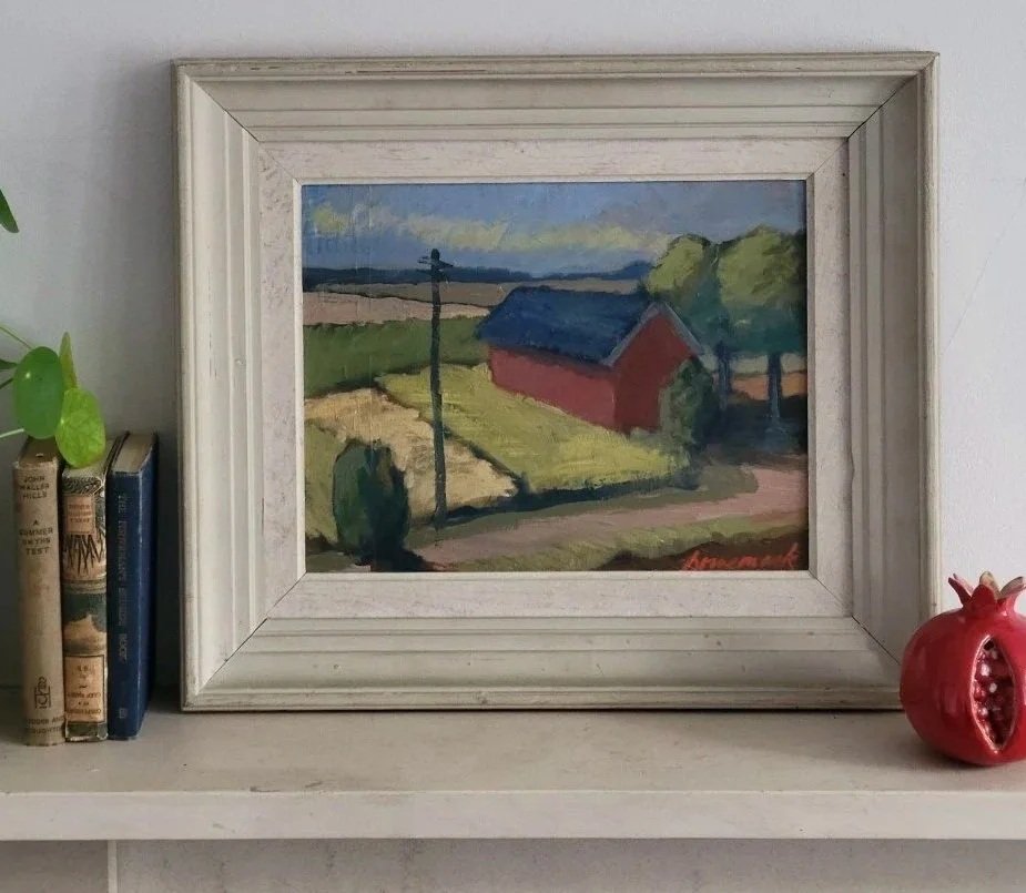 Red Barn- Mid-century Modernist Oil on board