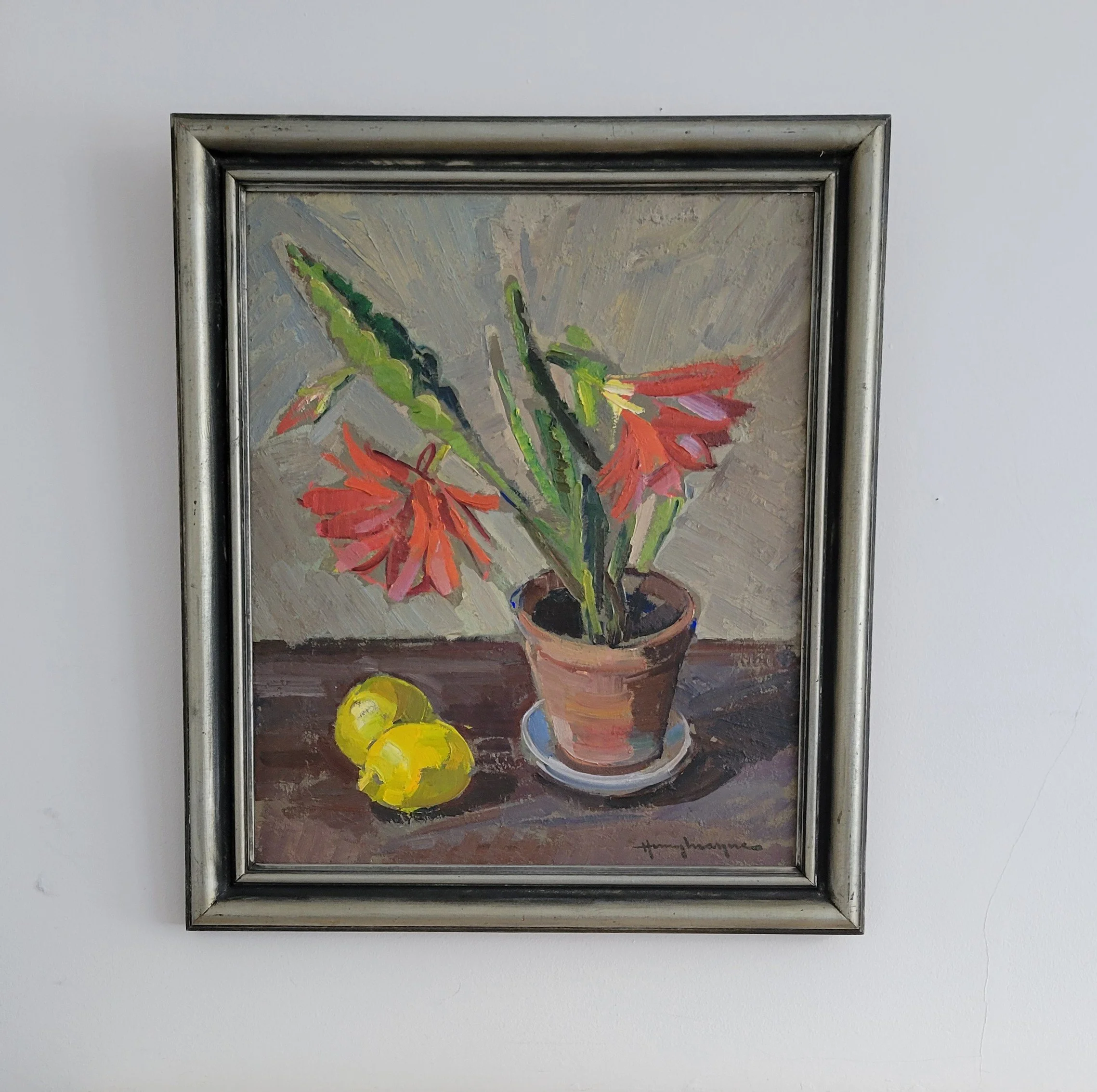 Red Blooms & Lemons-Original Mid-Century Vintage Floral