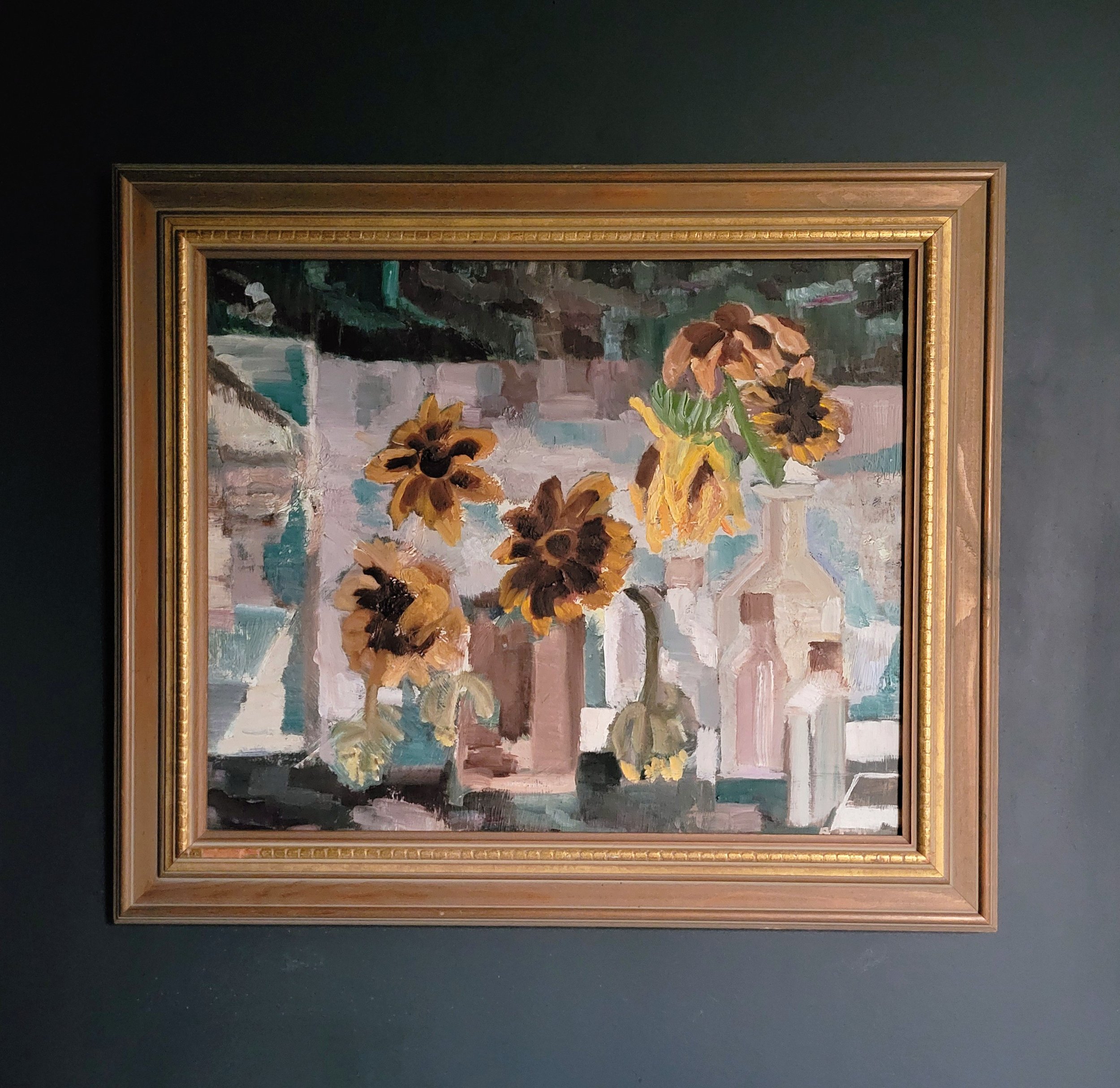 Sunflowers and Glass Bottles- Modernist Still Life