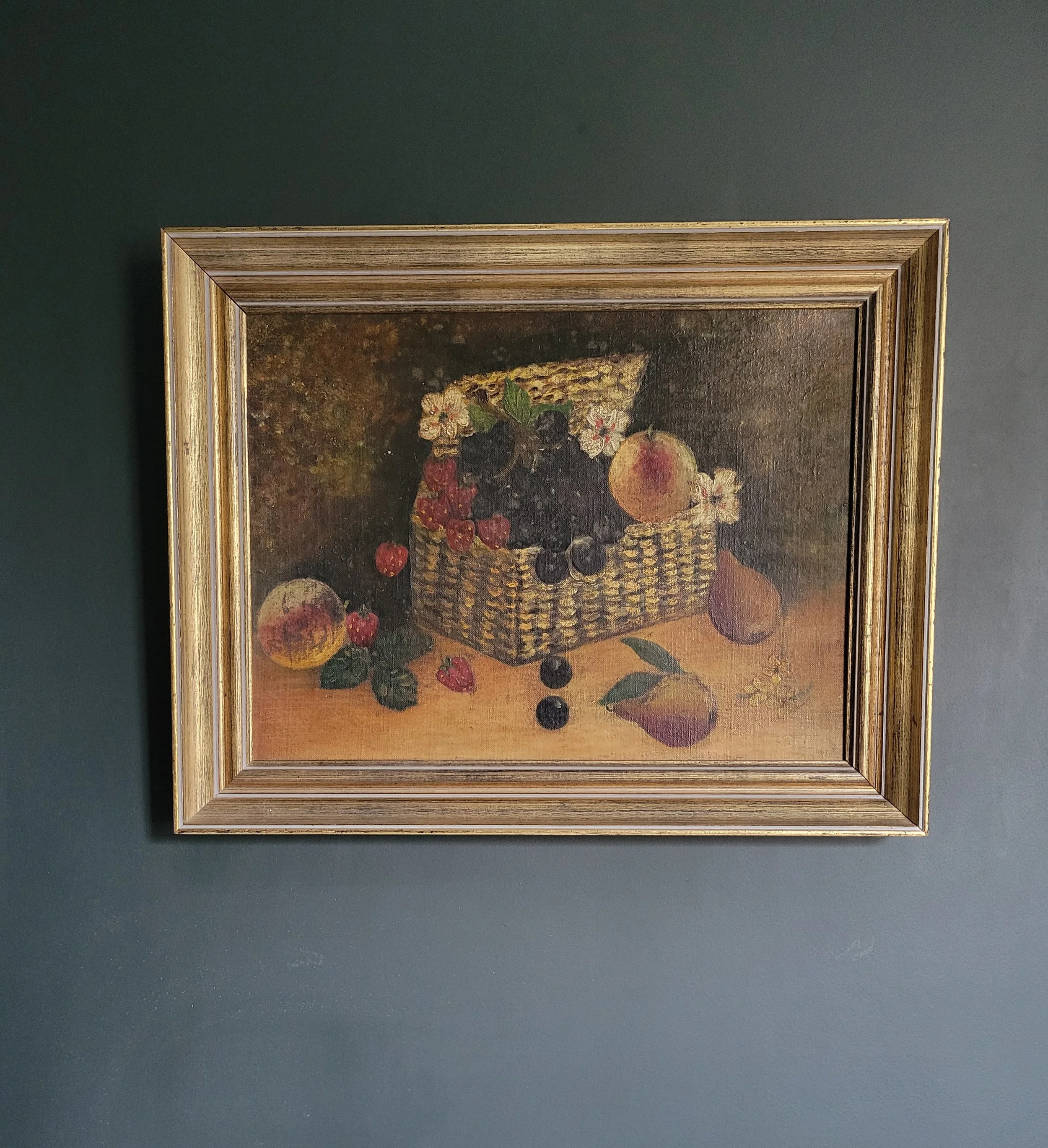 Still Life with Fruit Basket- Vintage Oil on Board