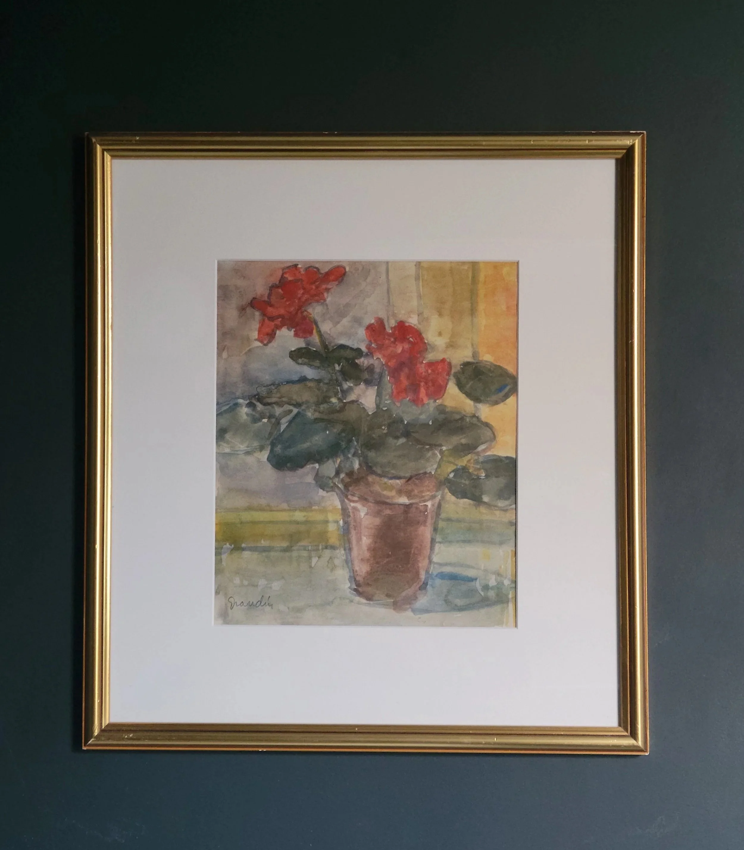 Geranium Watercolour-Vintage Mid-Century Framed painting by Svan Grandin
