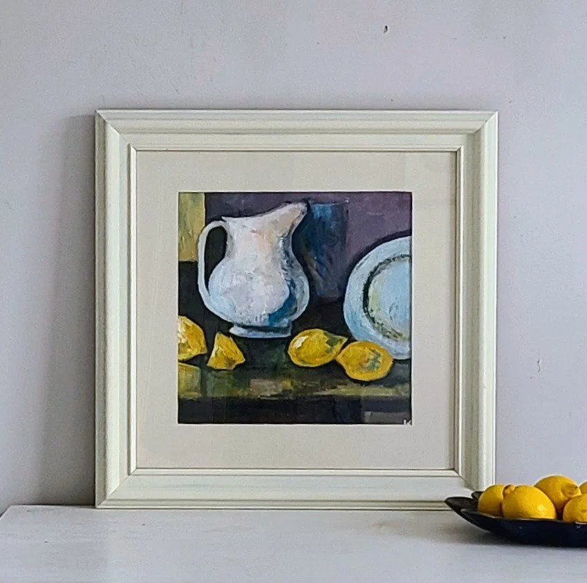 Lemons and Jug- Contemporary Oil and acrylic on canvas