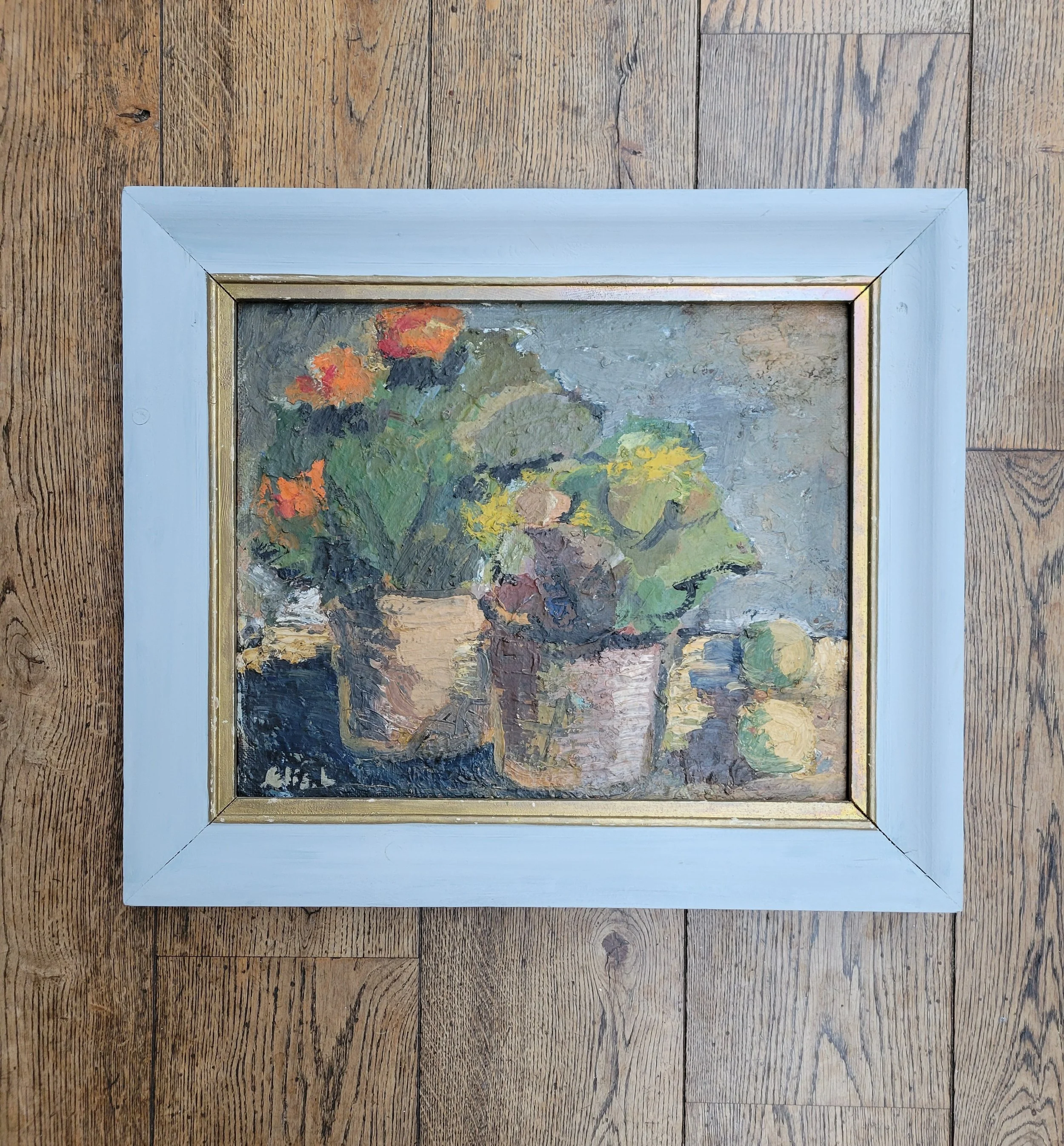 Pottery and Flowers- Vintage Floral Still Life Oil Painting,