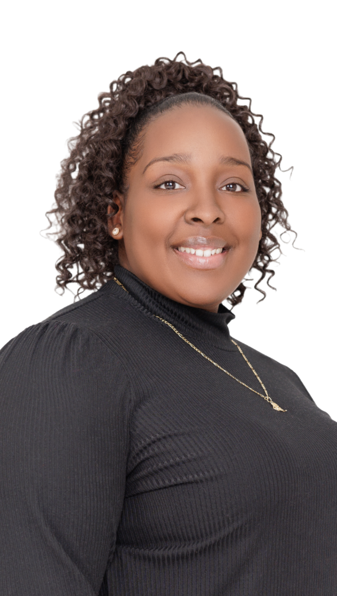A smiling African American woman with curly hair wearing a black top and a gold necklace.