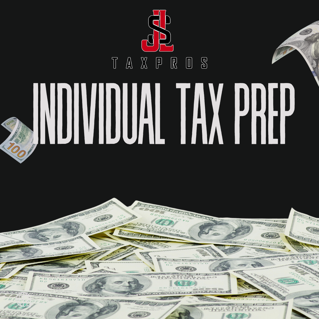 Cover image for a tax preparation guide, featuring the logo of Tax Pros, the words 'Individual Tax Prep' in large font, and scattered U.S. hundred dollar bills against a dark background.