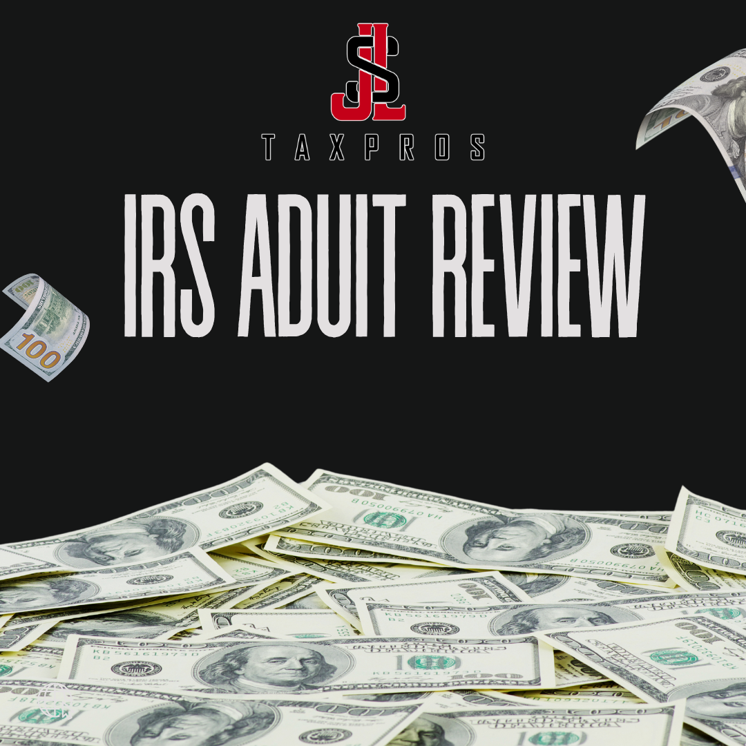 Cover image for IRS Adult Review by Tax Pros, featuring a black background, the title in large white letters, and scattered 100-dollar bills at the bottom with some curled and some flat.