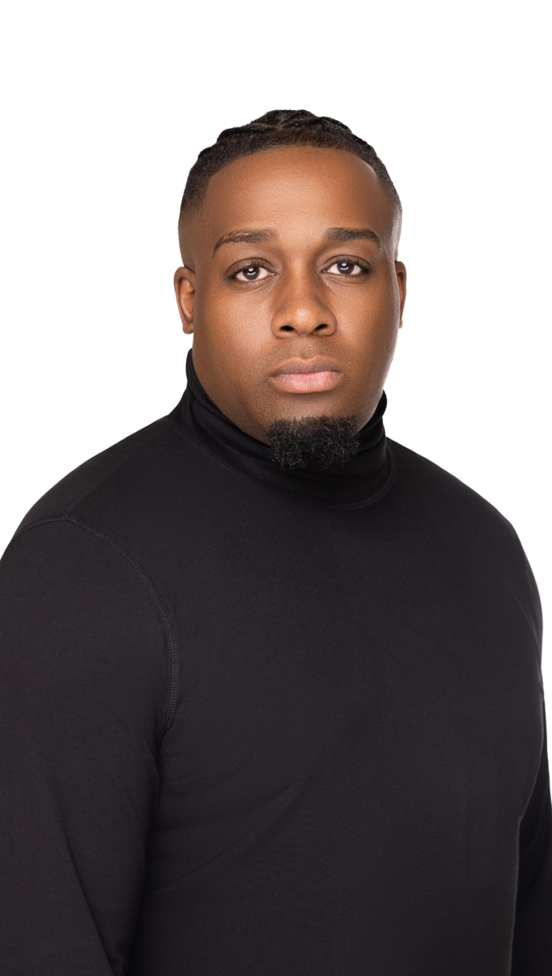 Portrait of a young man with dark skin, wearing a black turtleneck shirt, looking directly at the camera.