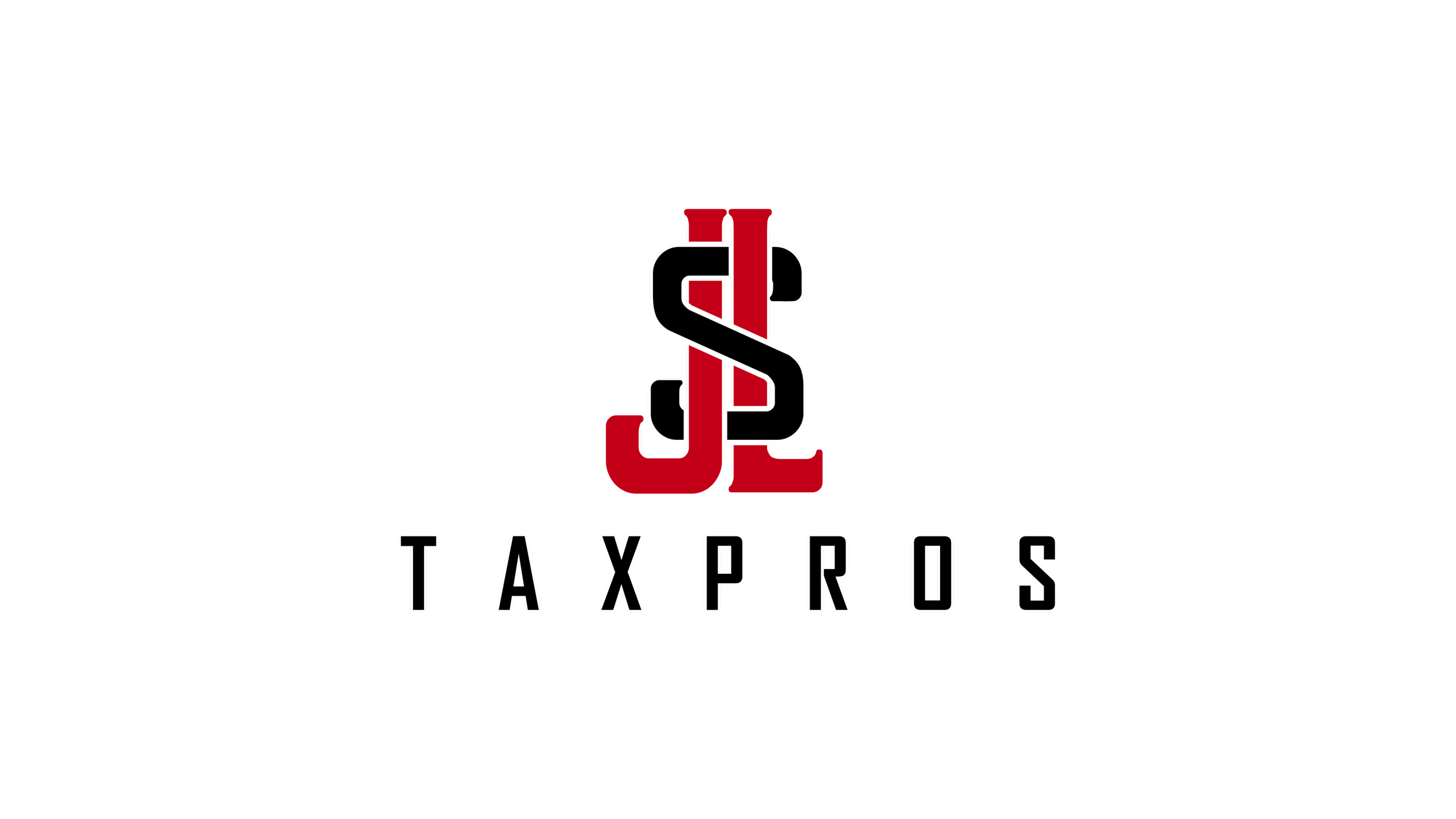 Black background with a logo displaying stylized letters 'JP' in red and black, with the word 'TAXPROS' in white below.