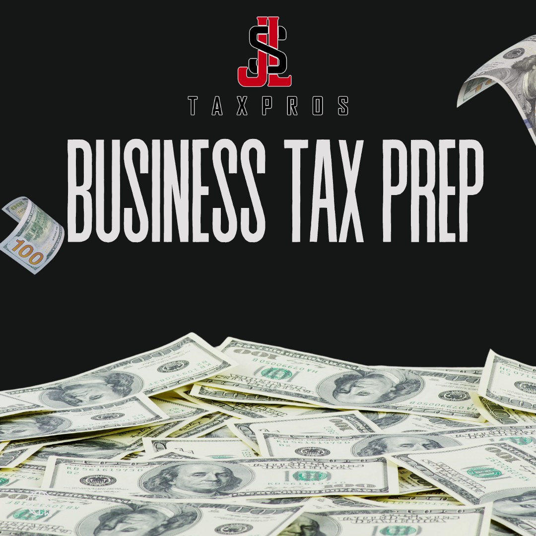 Business tax preparation cover with scattered U.S. hundred-dollar bills on a black background.