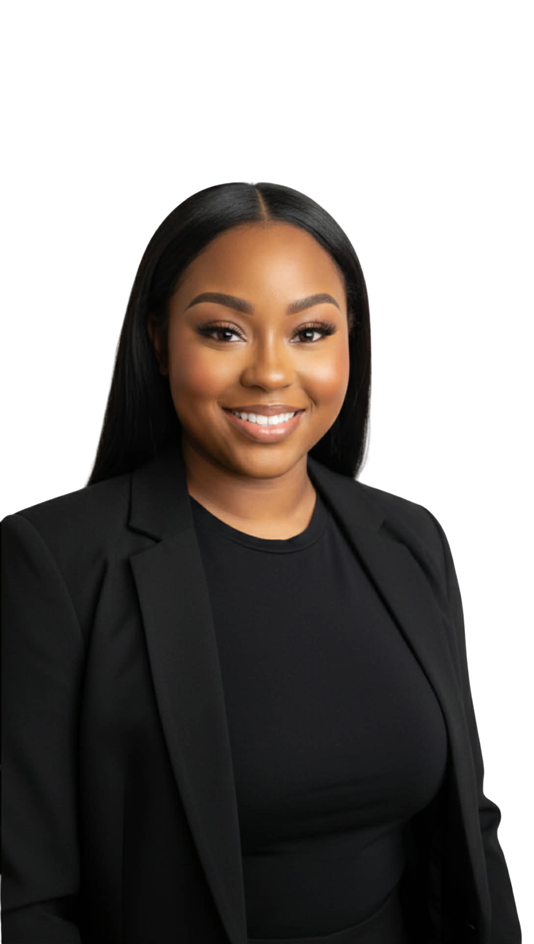 Portrait of a young woman with long straight black hair, wearing a black blazer and a black top, smiling against a black background.