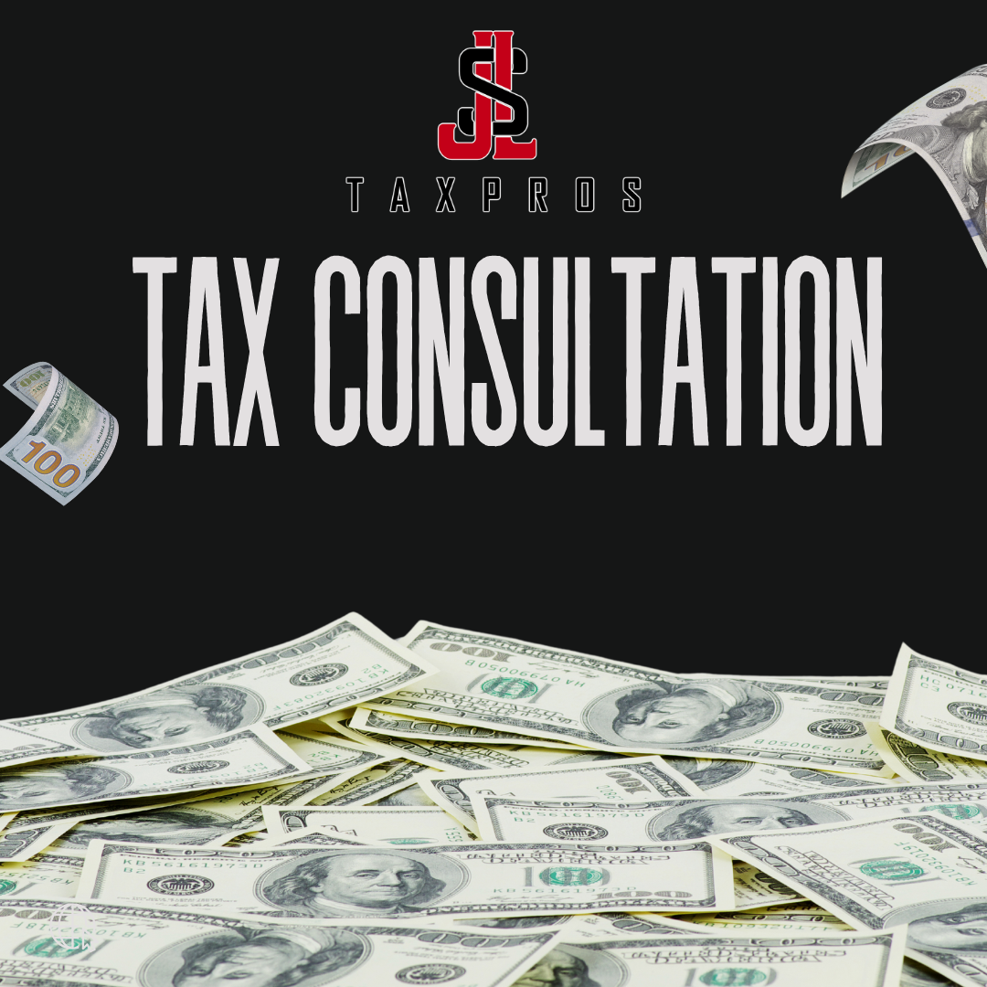 Black background with the words 'Tax Consultation' in large white font and 'Tax Pros' logo above. The image features scattered hundred-dollar bills both on top and sides.