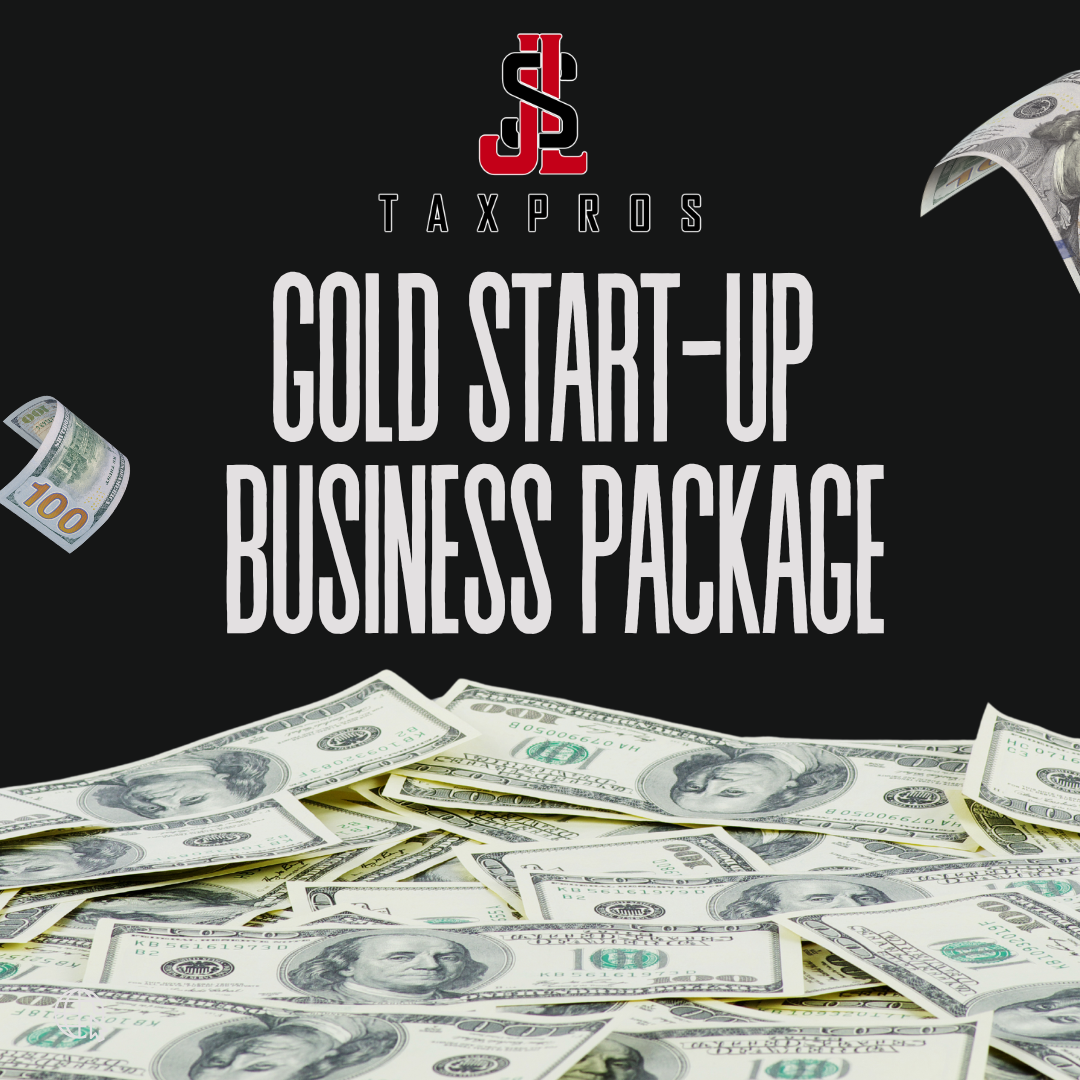 Cover image for a business package titled 'Gold Start-Up Business Package' by Tax Pros, featuring a background with scattered hundred-dollar bills and a black and red logo at the top.