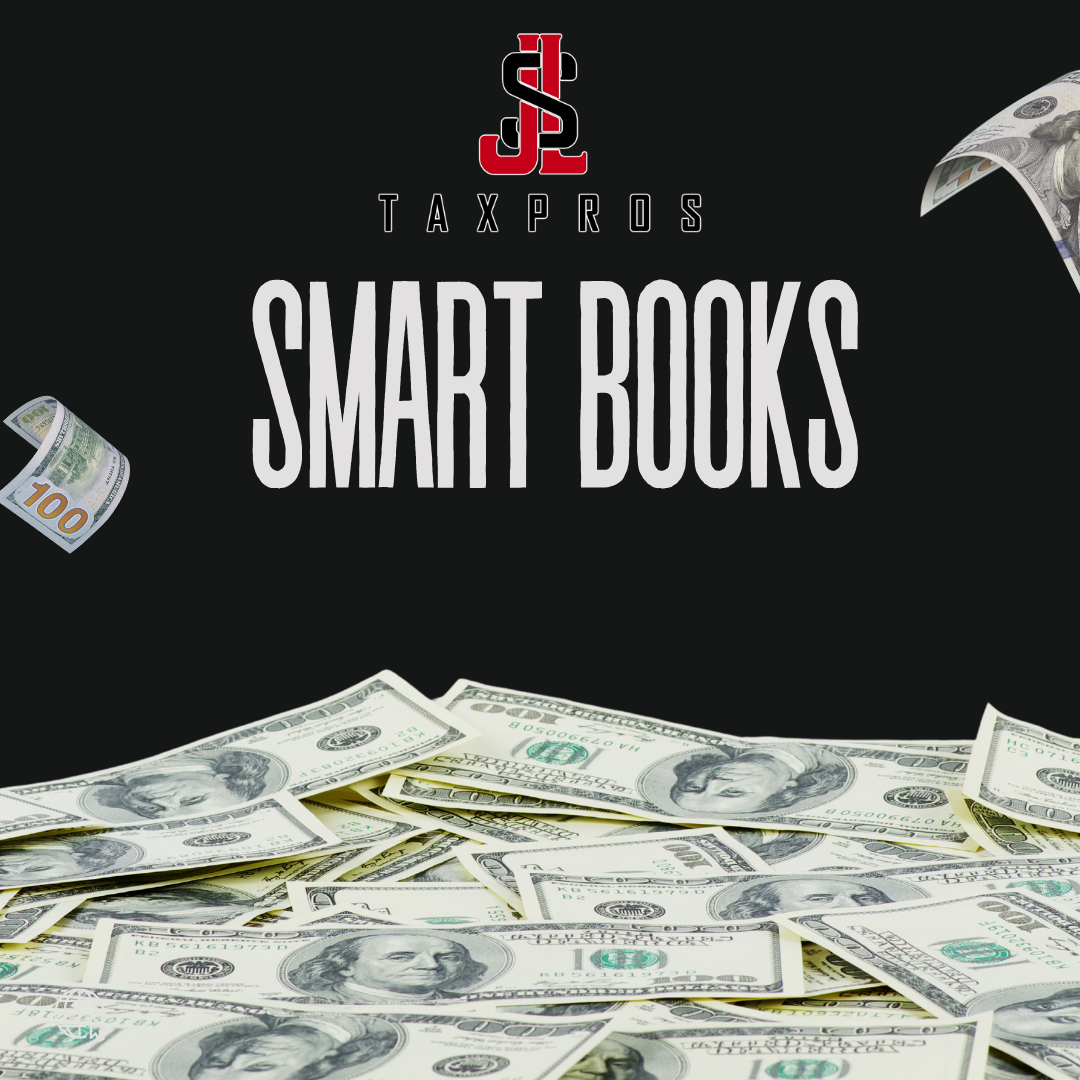 Cover of TaxPro Smart Books software with scattered US hundred-dollar bills.