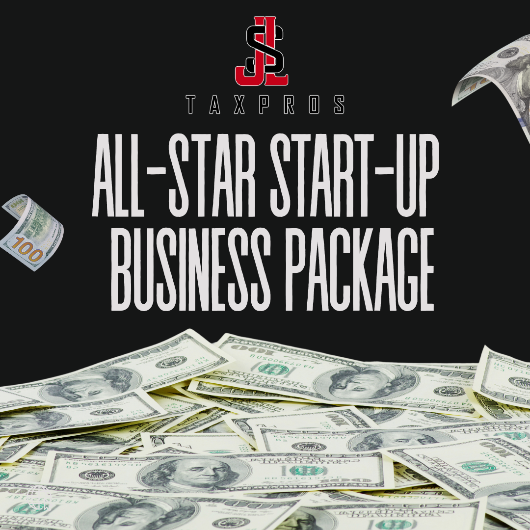 Black background with the logo of Tax Pros, a red and black symbol, and the text 'All-Star Start-Up Business Package' in bold white letters. The image features dollar bills scattered at the bottom and floating around the top corners, including $100 bills and portions of a $100 bill in the top right corner.