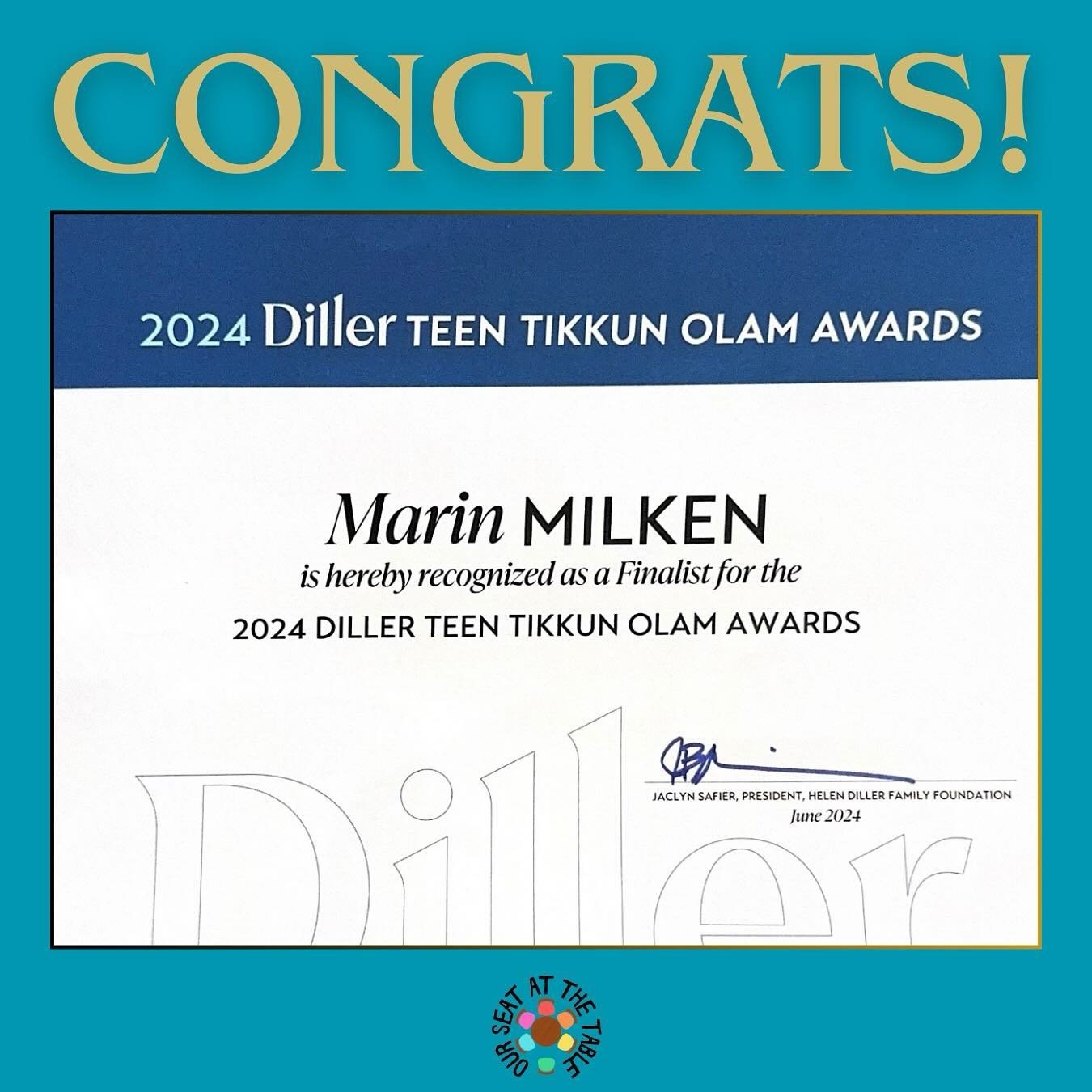 EXCITING ANNOUNCEMENT!!!!

🏅Marin, our very own founder of @our.seatatthetable has been announced as a FINALIST for the Diller Teen Tikkun Olam Awards! 

🌎Marin has been recognized for her service and passion to repair the world through her leaders