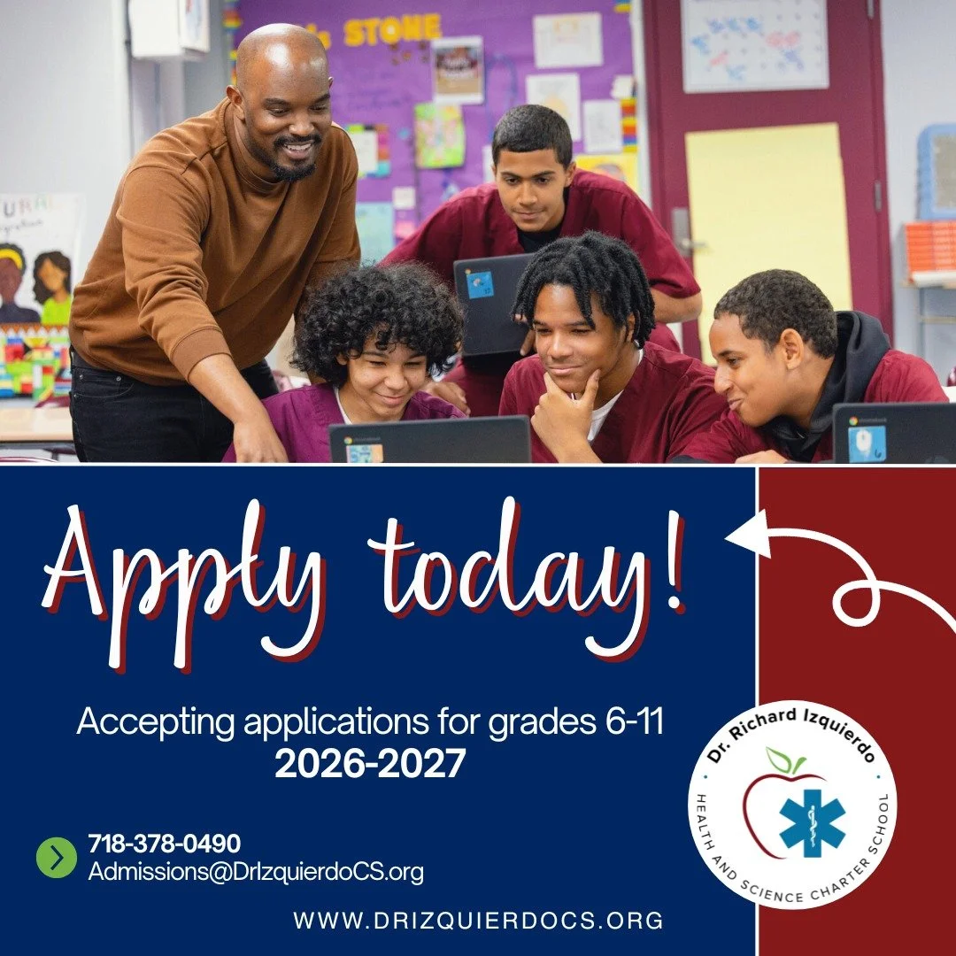 Your journey to a career in health and science starts here.

Dr. Richard Izquierdo Health and Science Charter School is shaping tomorrow&rsquo;s leaders in medicine, research, and beyond.

Enroll Now! Grades 6 - 11.
Apply today: https://www.drizquier