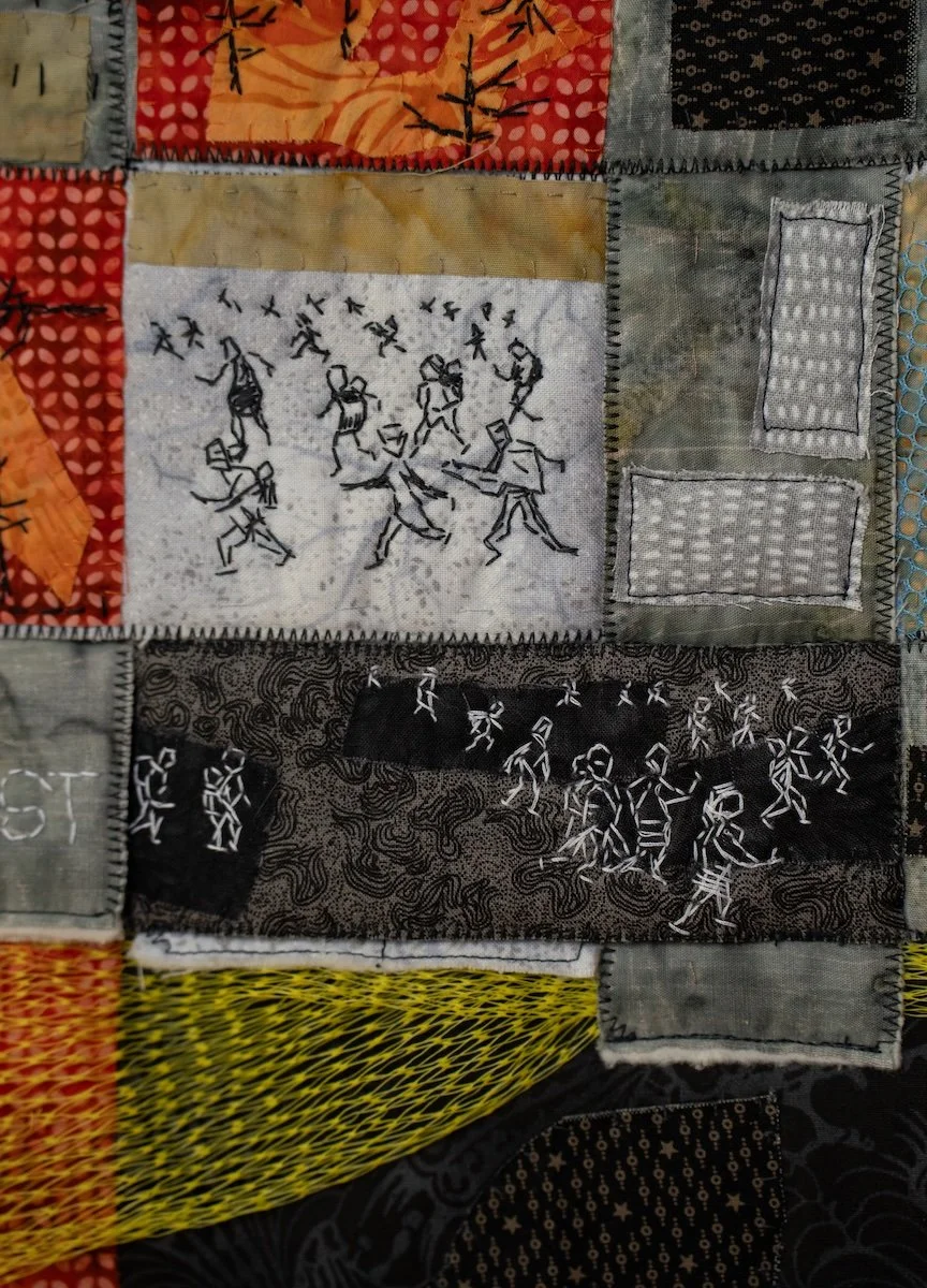 Detail of No Escaping showing embroidered people on the move.
