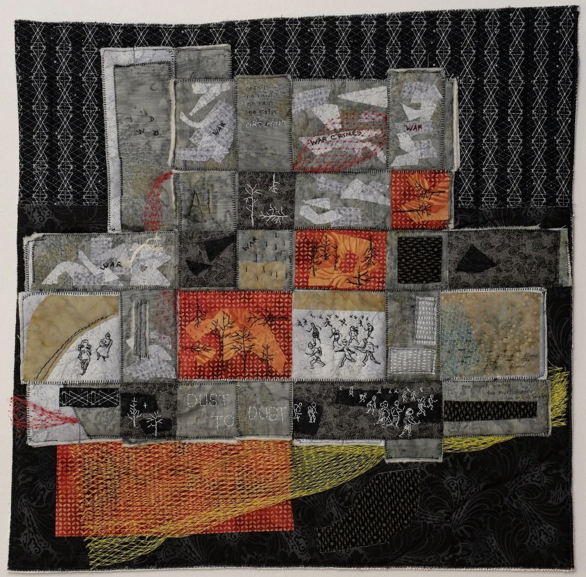 Woven strips of raw fabric showing war, fire, flood, plastic, and immigrants on the move.