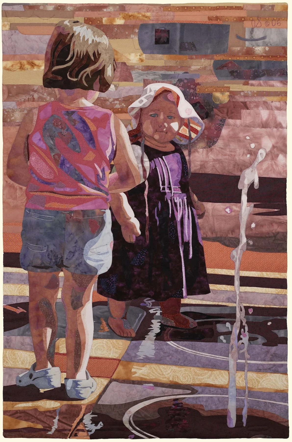Two small girls stand by a fountain. One has brown hair and a pink shirt. The other has a bonnet hat and a purple dress.