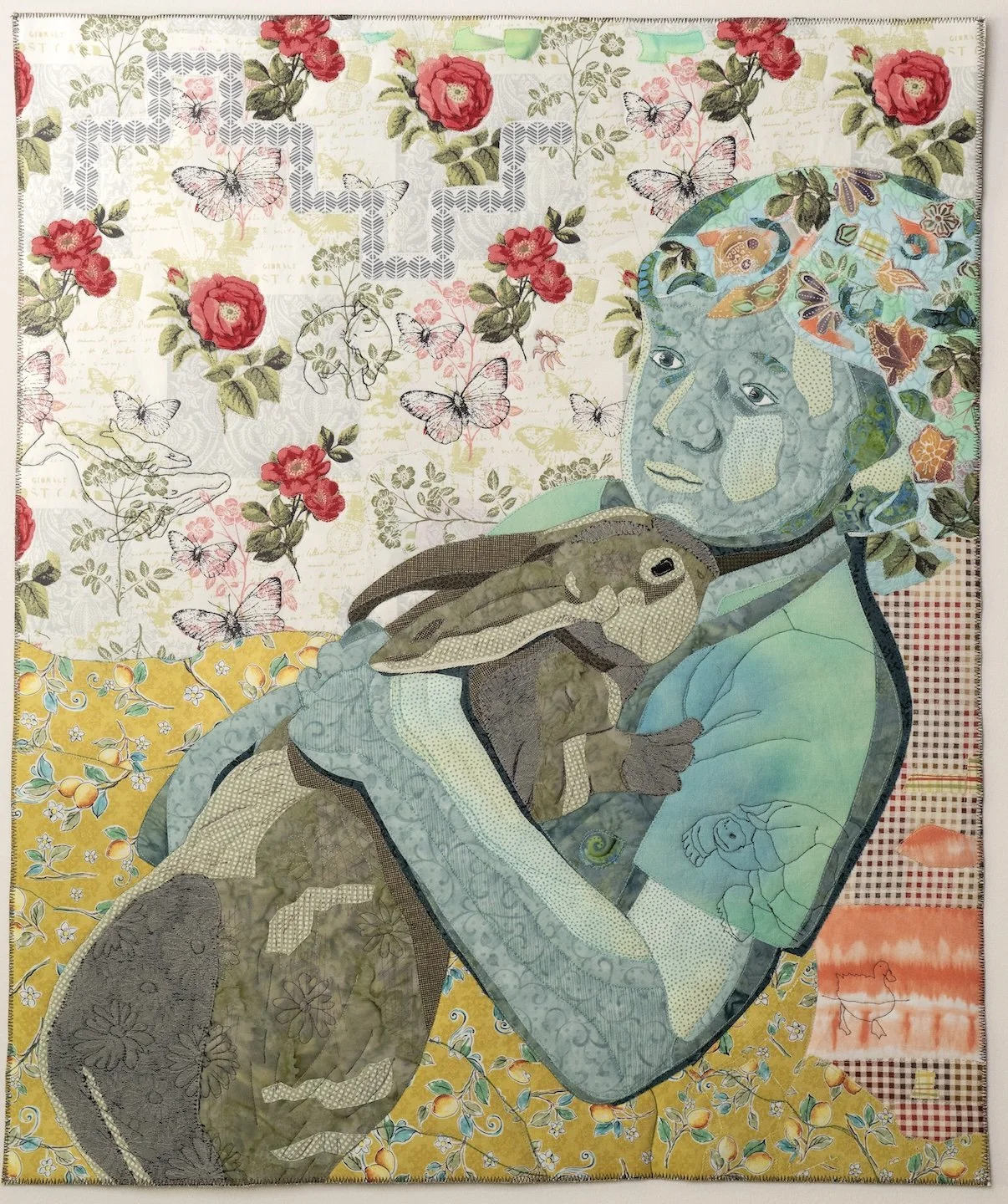 A blue child tenderly holds a green rabbit nuzzled with the head of the pet next to their chin.  In the background are roses, peaches, butterflies, crab, cat, whales, tortoise, and duck sharing this quiet moment.