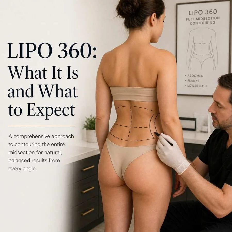 Patient with surgical markings on abdomen and flanks during Lipo 360 planning showing full midsection contouring approach
