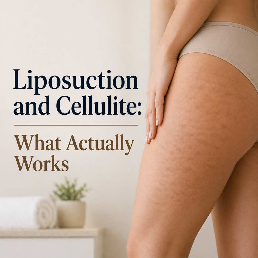 Close-up of thigh with natural cellulite texture showing skin surface relevant to liposuction and cellulite treatment outcomes