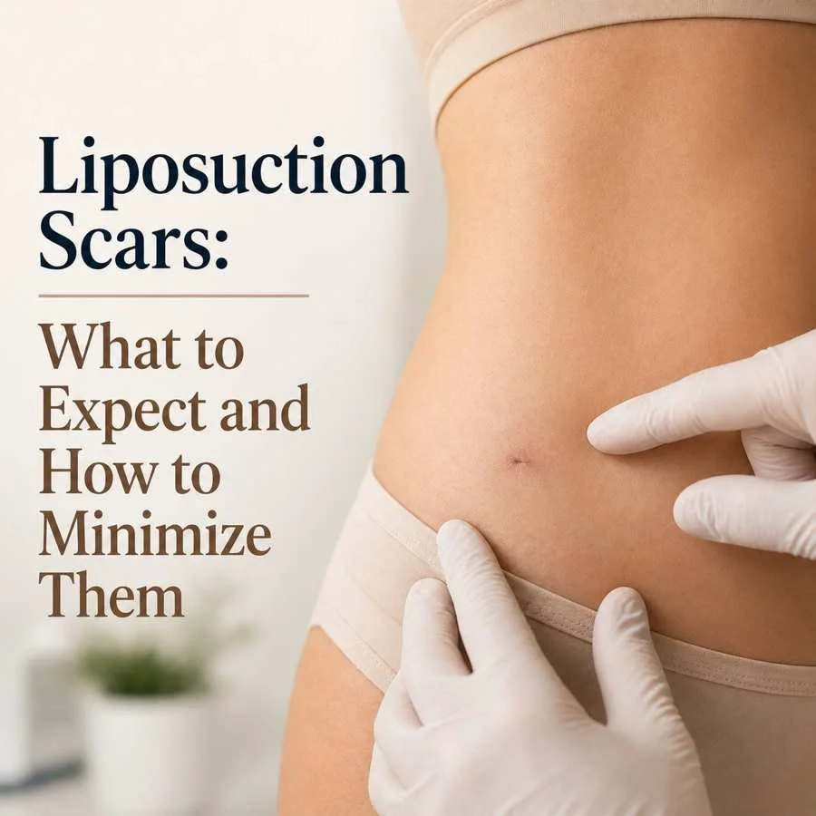 Small liposuction scar on lower abdomen being examined by surgeon to assess healing and minimize visible scarring